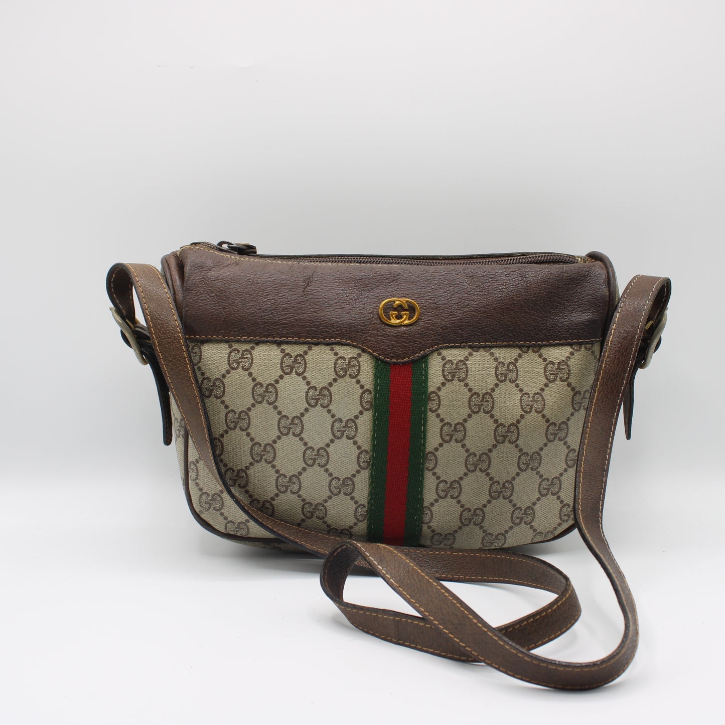 Gucci Brown Leather Trim GG Supreme Canvas Crossbody Bag
