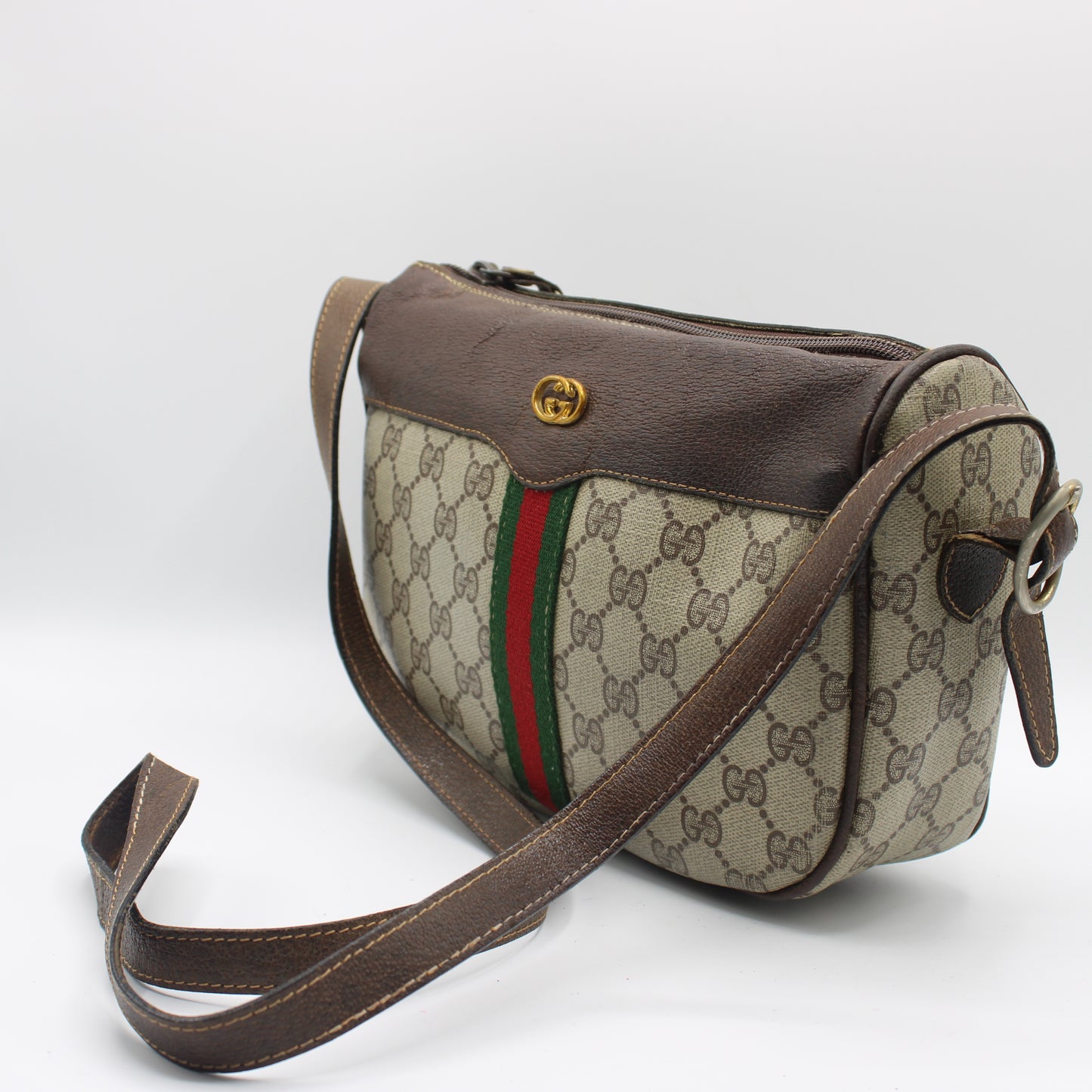 Gucci Brown Leather Trim GG Supreme Canvas Crossbody Bag