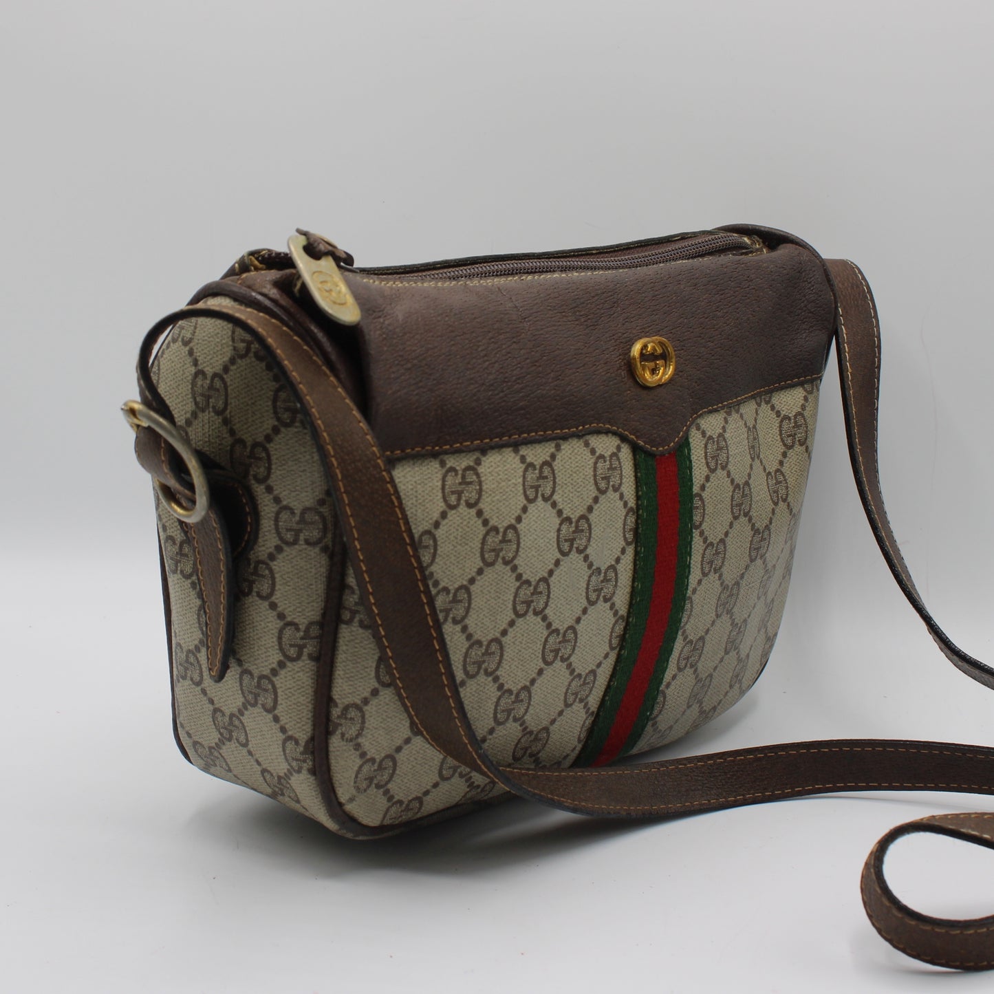 Gucci Brown Leather Trim GG Supreme Canvas Crossbody Bag