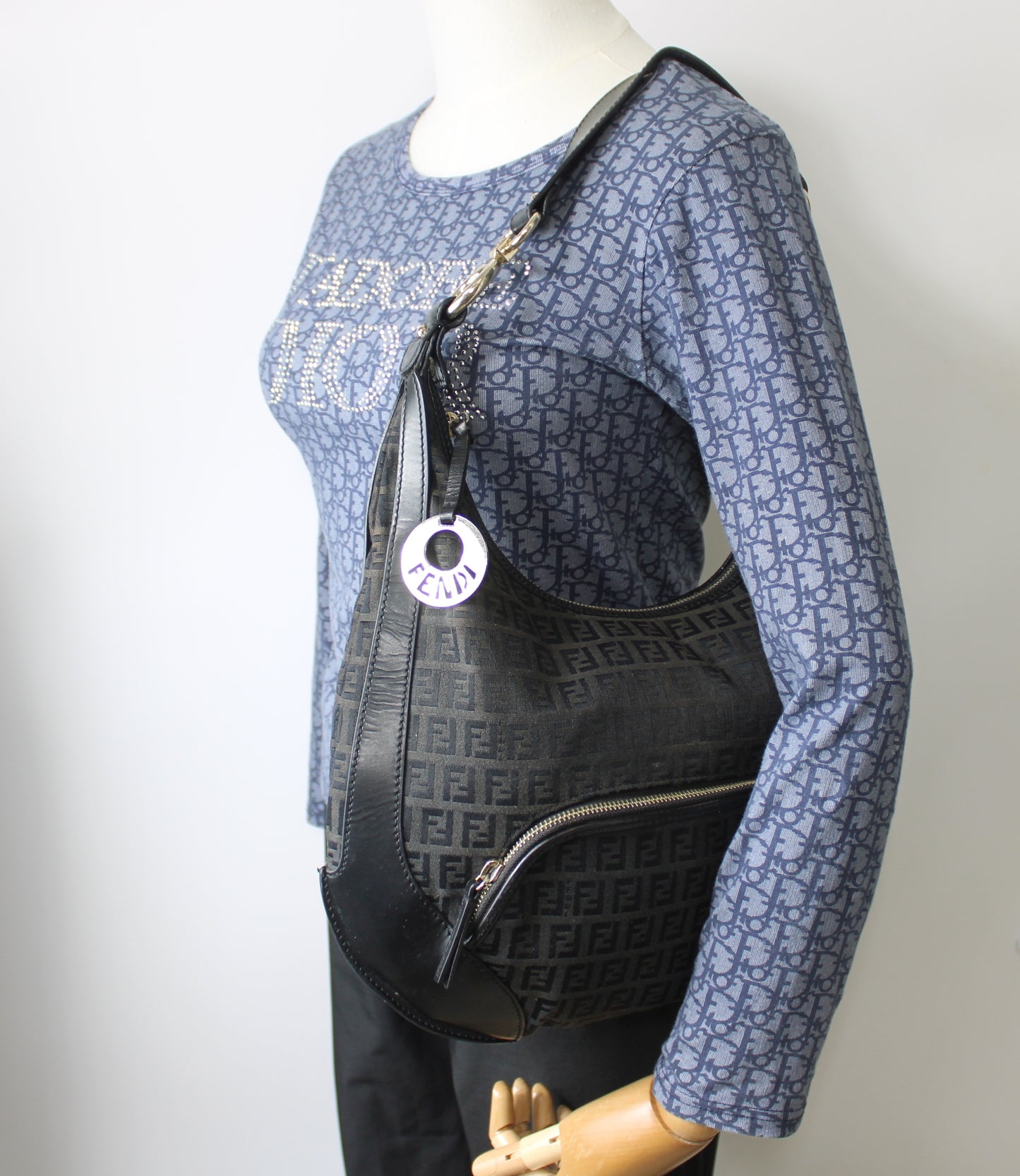 Fendi Black Zucca Canvas Leather Trim Hobo Bag With Charm