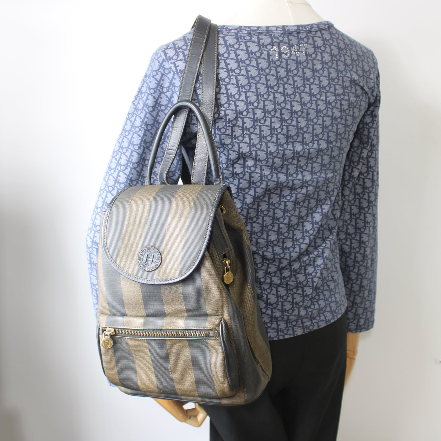 Fendi Brown And Black Pequin Stripe Canvas Leather Backpack