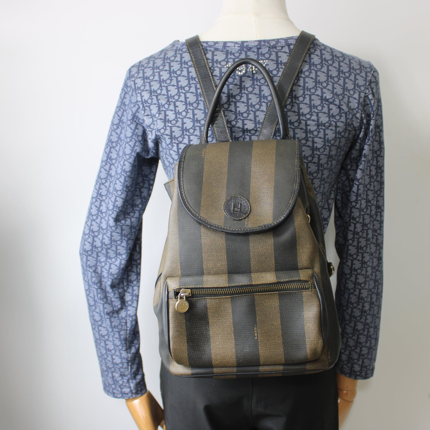 Fendi Brown And Black Pequin Stripe Canvas Leather Backpack