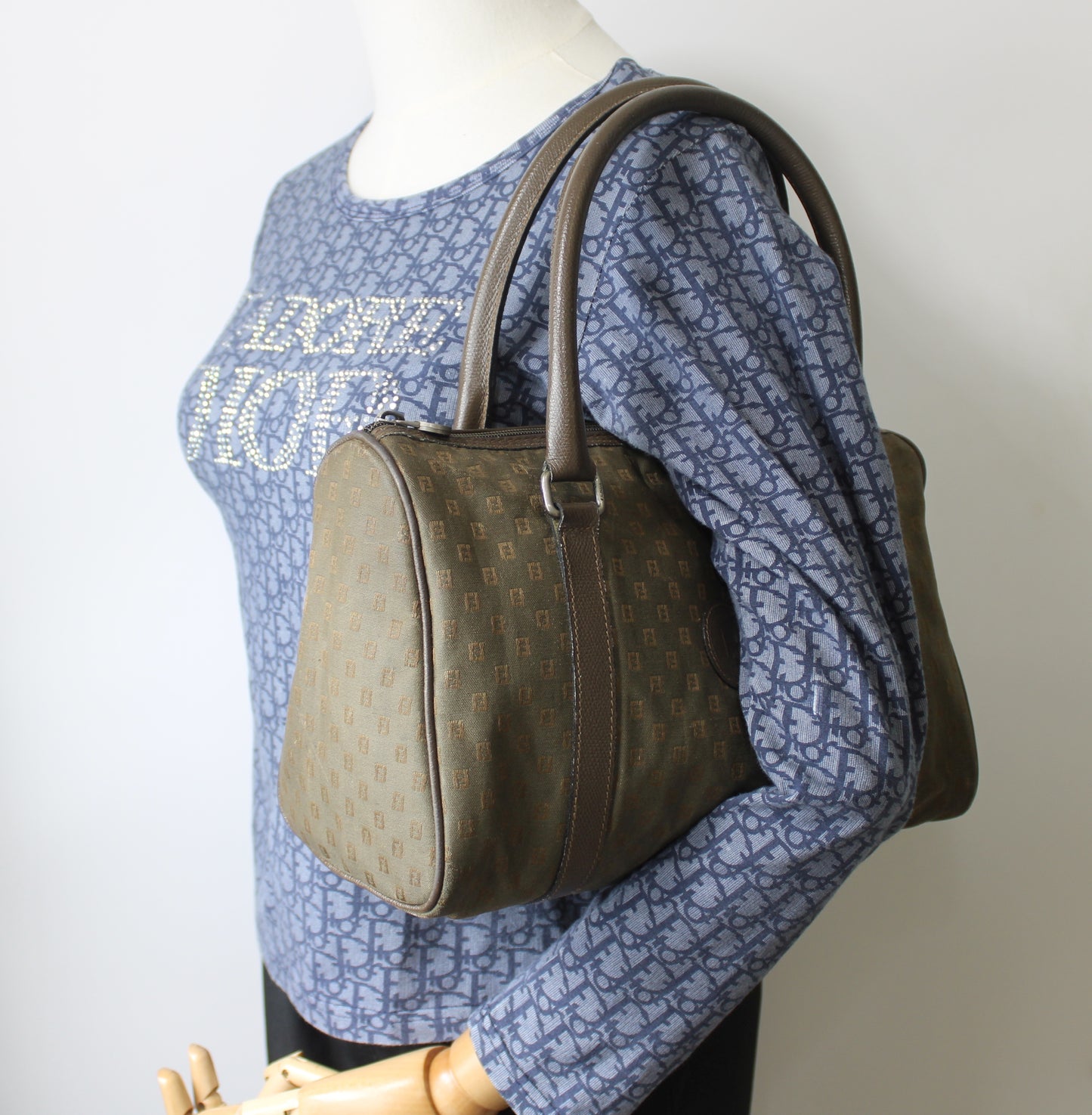 Fendi Khaki Mini Boston Bag Leather Handles Monogram Canvas