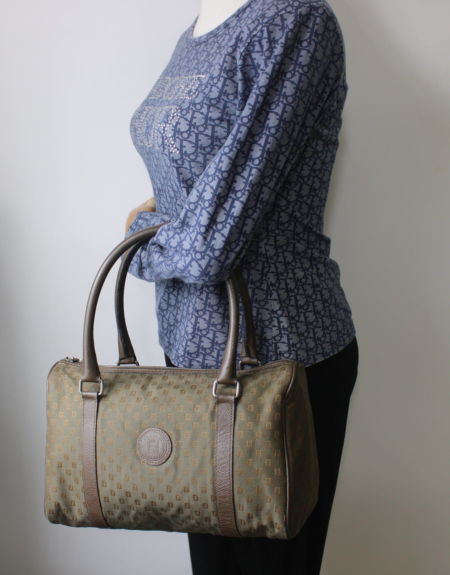 Fendi Khaki Mini Boston Bag Leather Handles Monogram Canvas