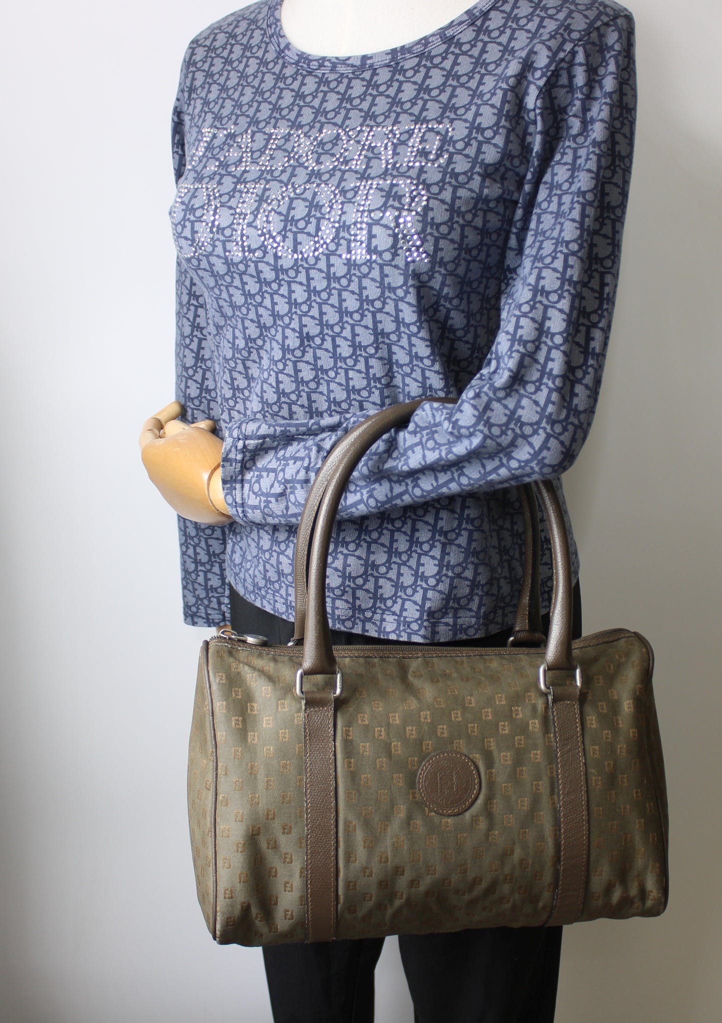 Fendi Khaki Mini Boston Bag Leather Handles Monogram Canvas