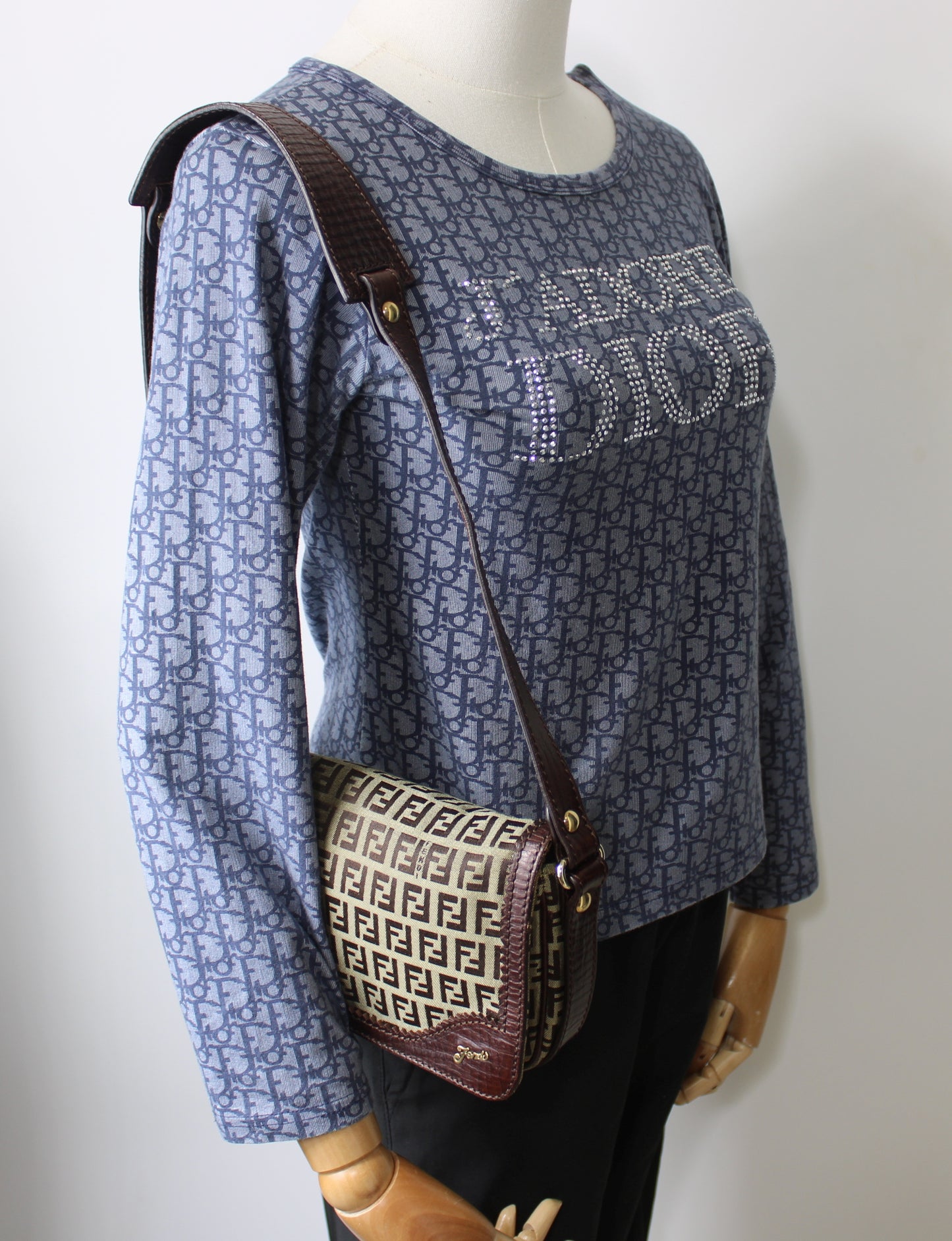 Fendi Brown Zucchino Canvas Leather Trim Shoulder Flap Bag