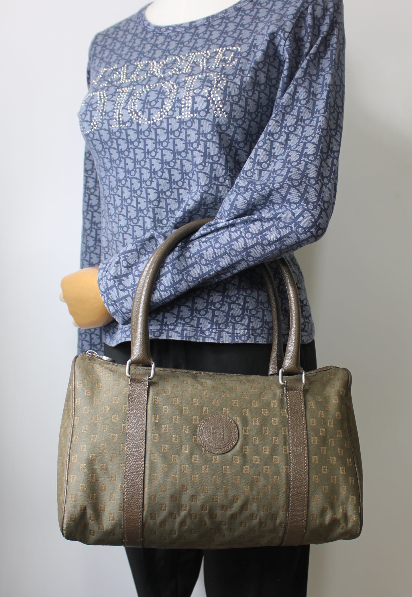 Fendi Khaki Mini Boston Bag Leather Handles Monogram Canvas