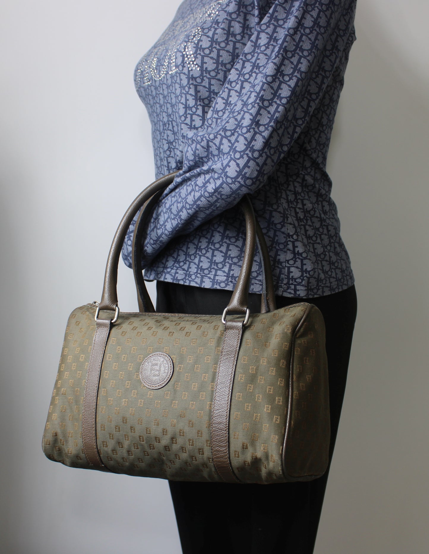 Fendi Khaki Mini Boston Bag Leather Handles Monogram Canvas