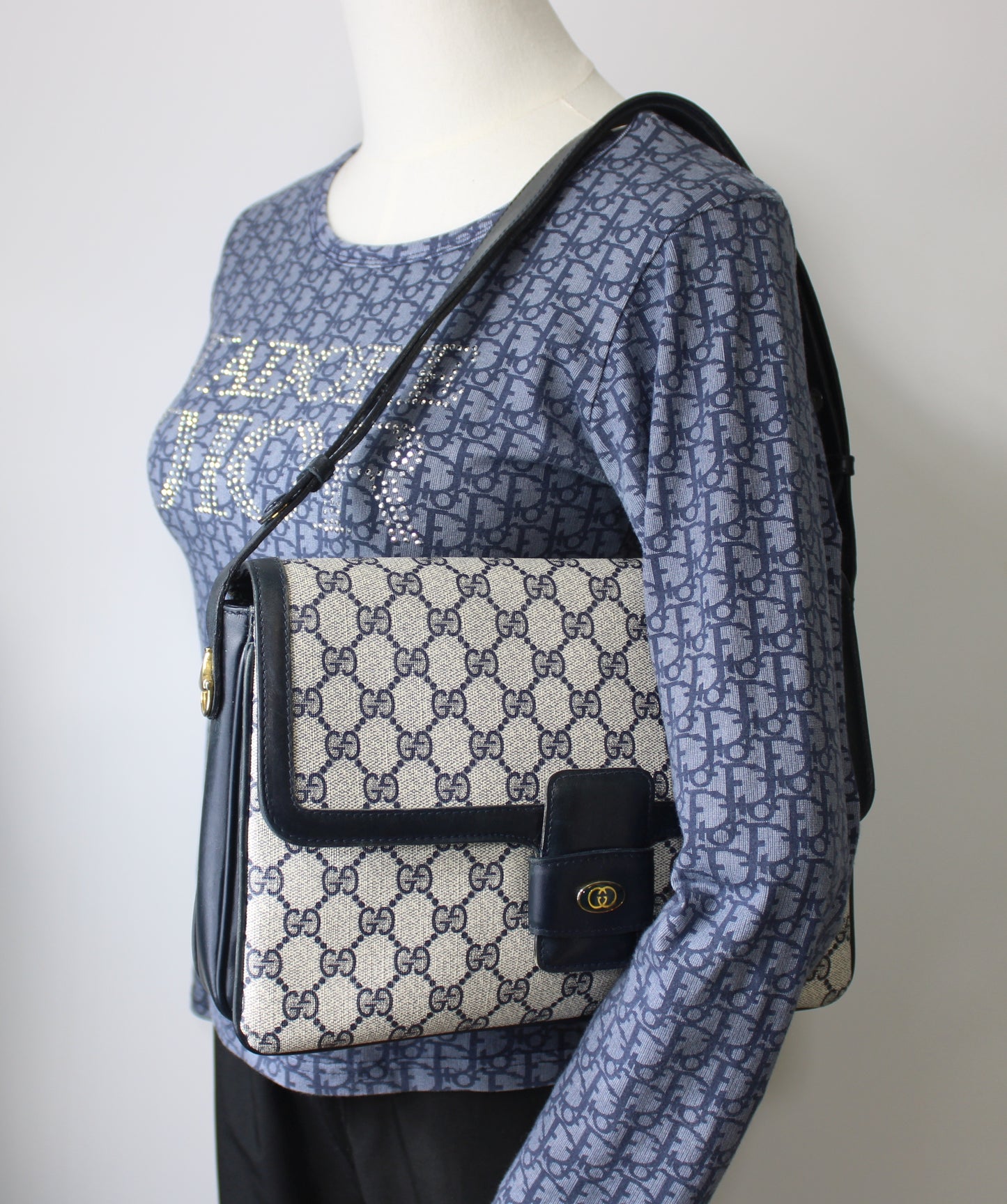 Gucci Navy GG Canvas Leather Flap Shoulder Bag