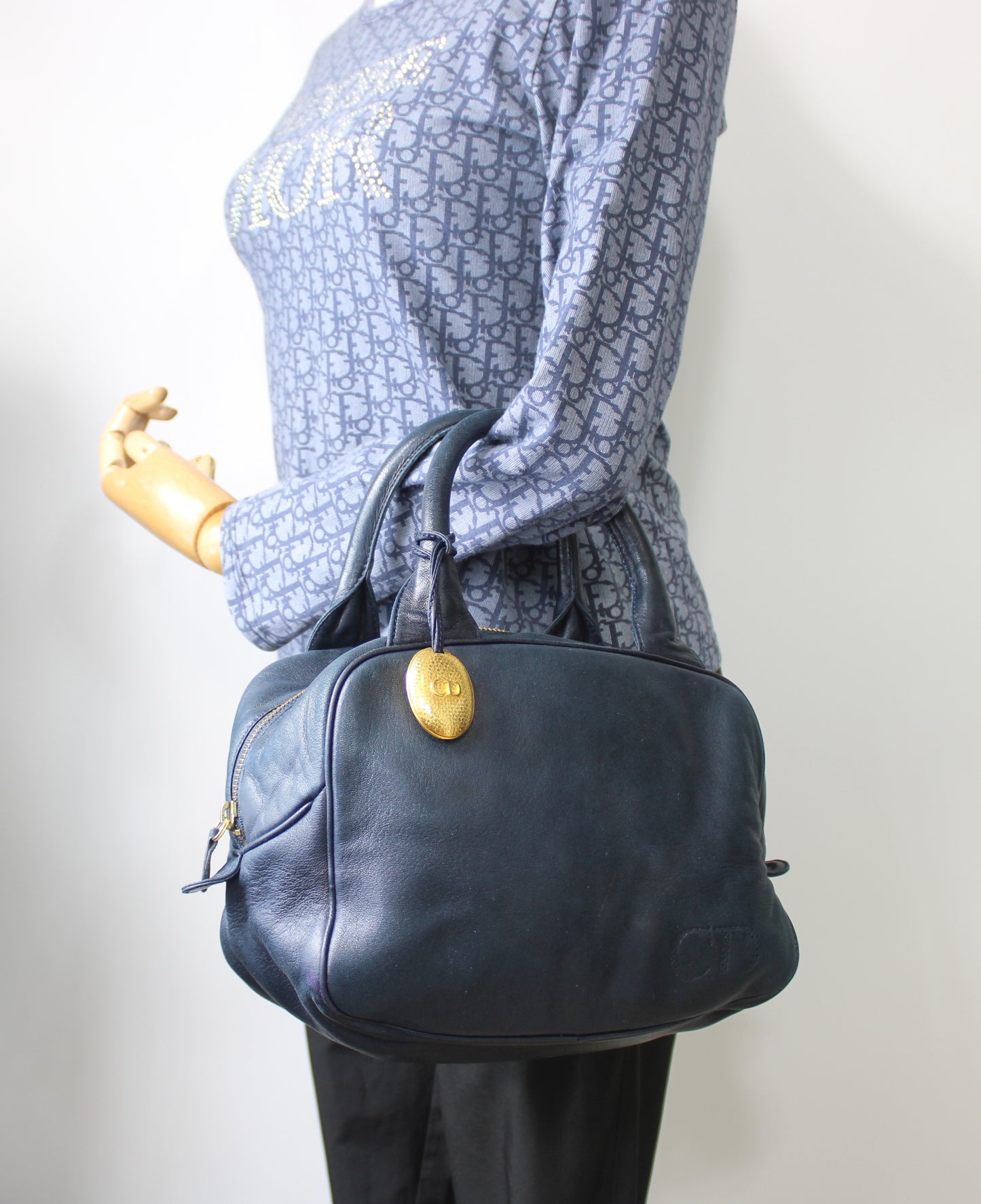 Christian Dior Navy Lambskin Leather Gold Charm Boston Bag