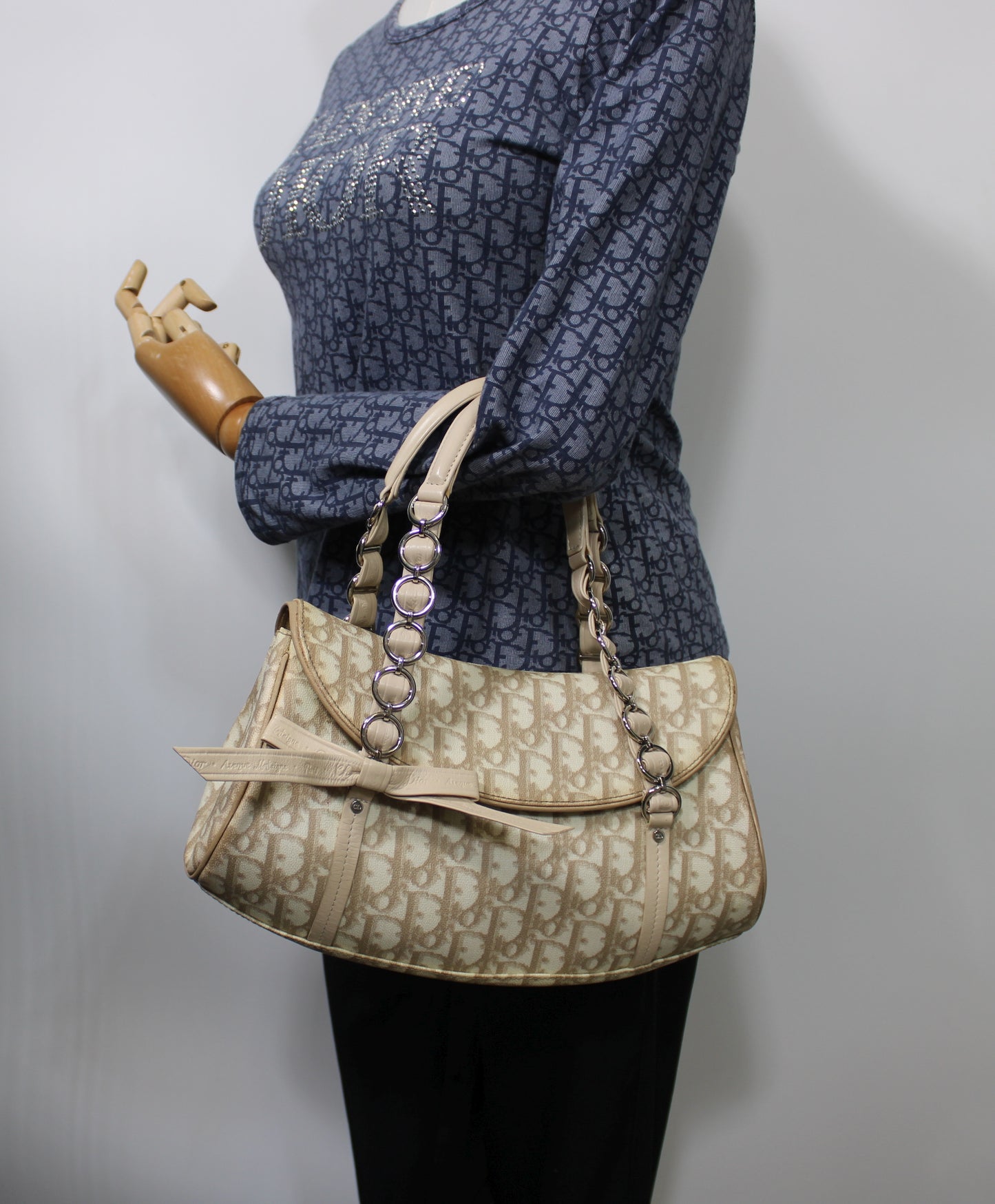 Christian Dior Beige Trotter Canvas Romantique Leather Bow Flap Bag