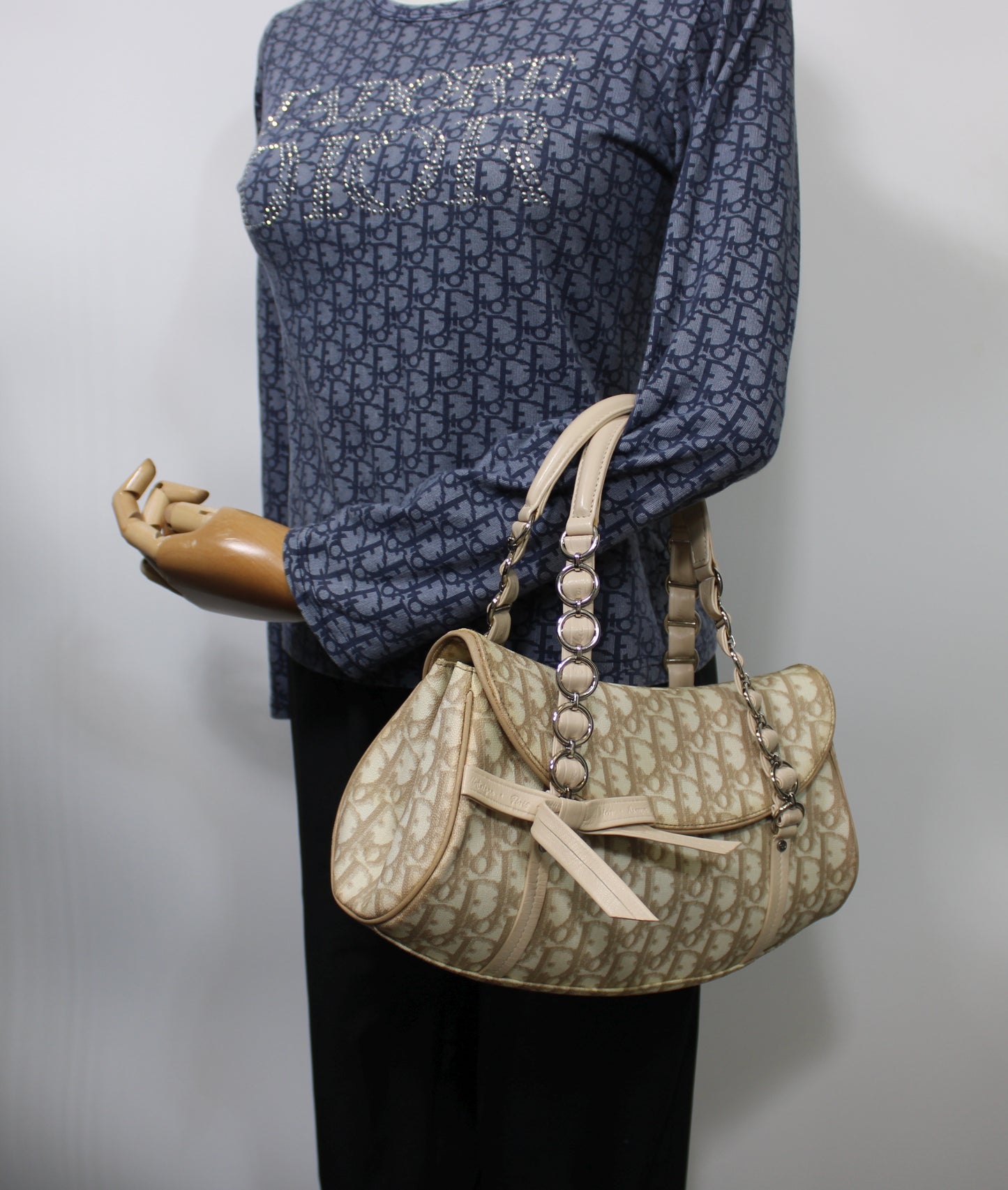 Christian Dior Beige Trotter Canvas Romantique Leather Bow Flap Bag