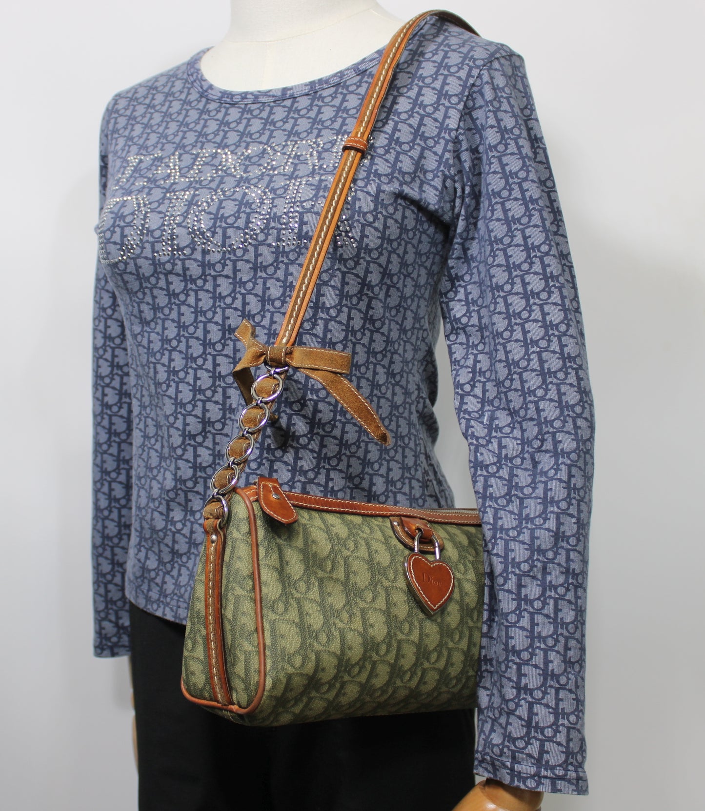 Christian Dior Khaki Canvas Leather Romantique Crossbody Bag