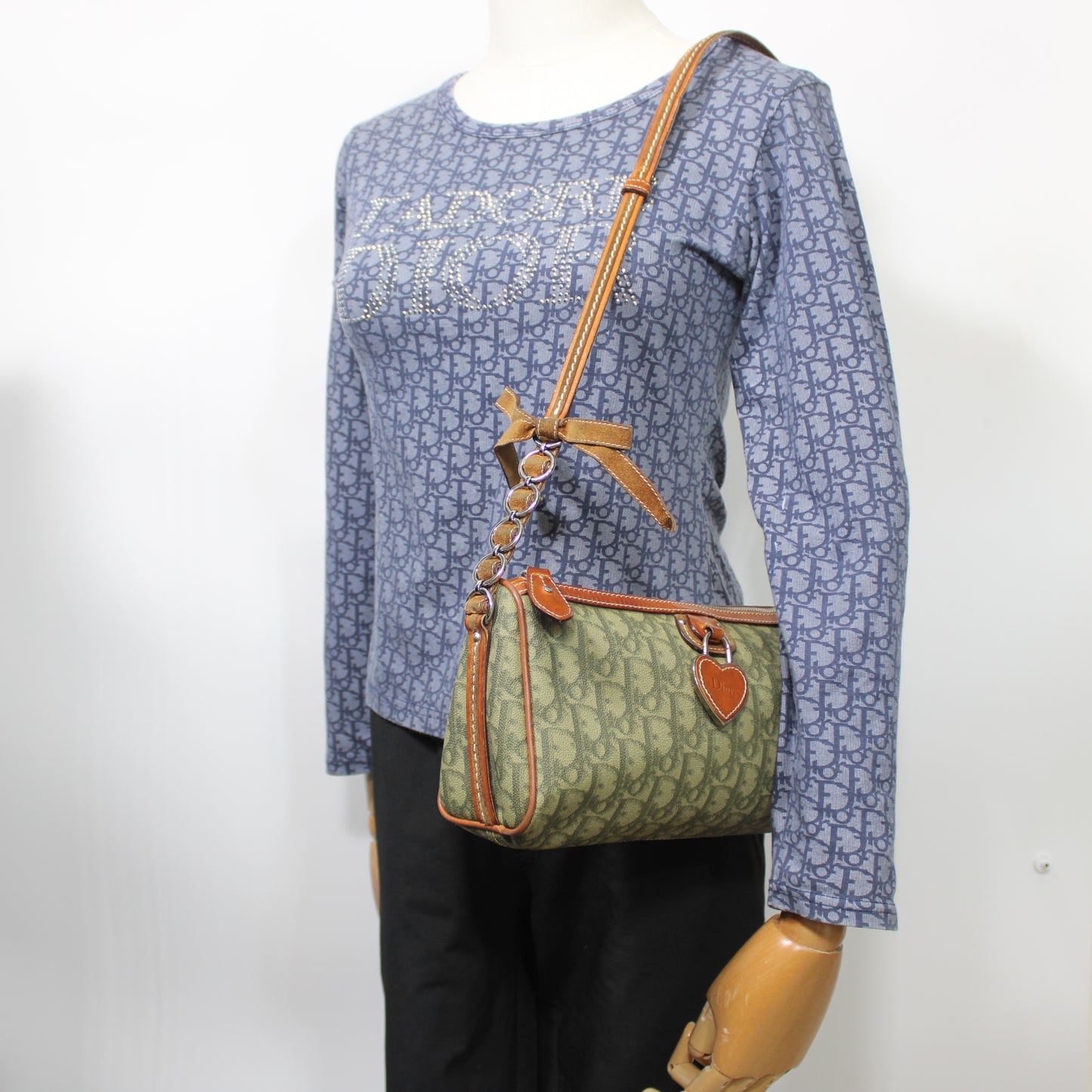 Christian Dior Khaki Canvas Leather Romantique Crossbody Bag