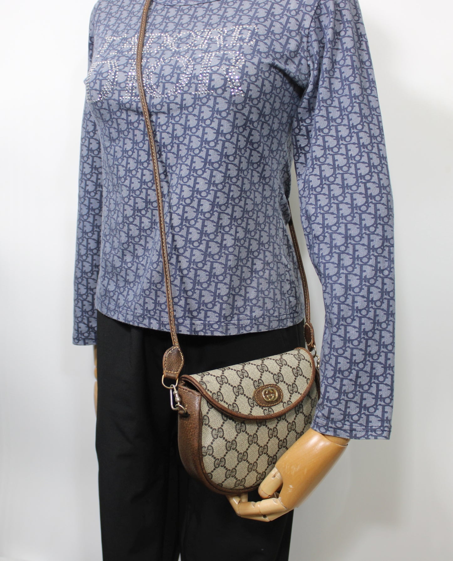 Gucci Beige GG Canvas Brown Leather Flap Crossbody Bag