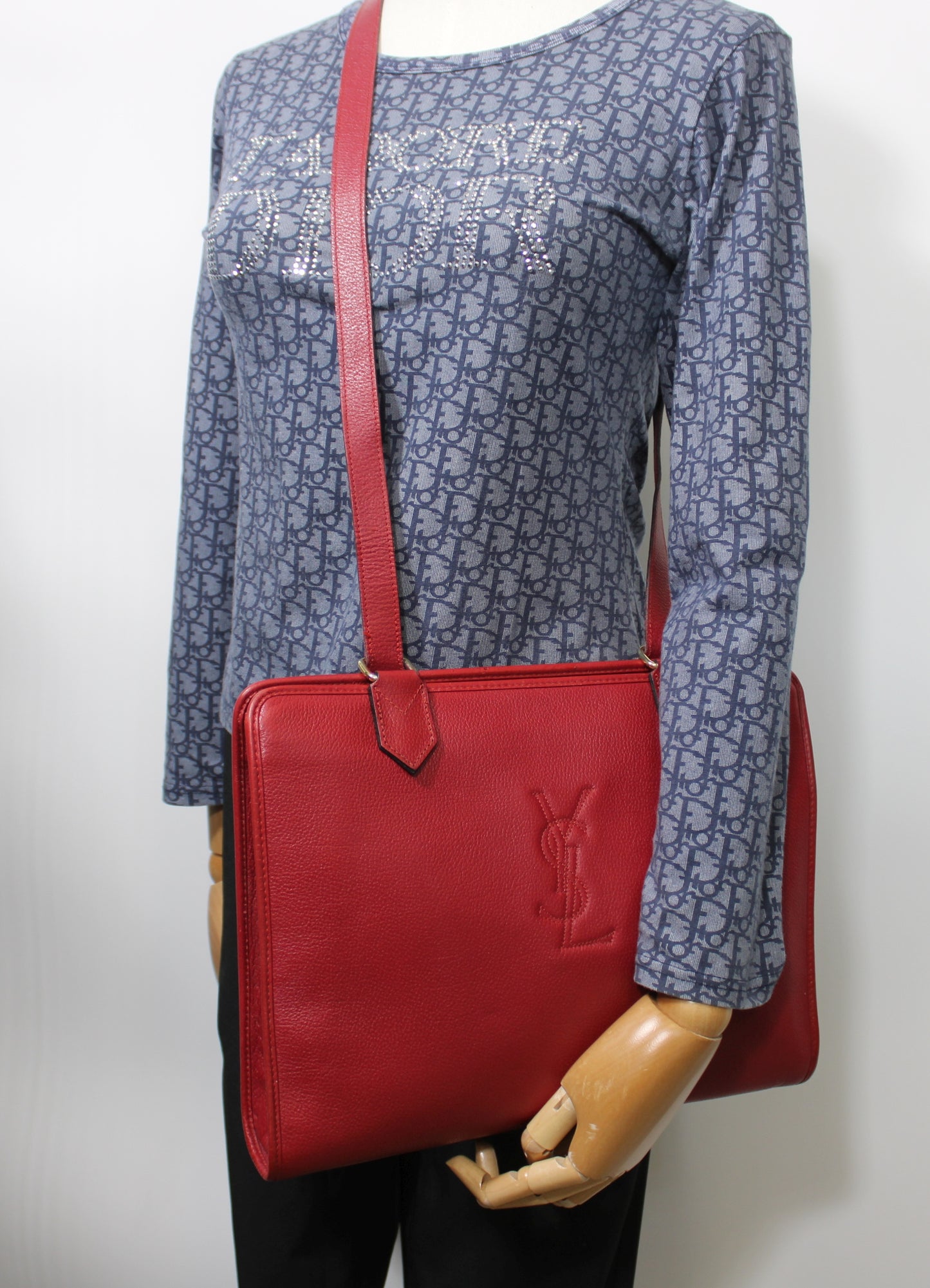 Yves Saint Laurent Red Leather Embossed Logo Shoulder Bag