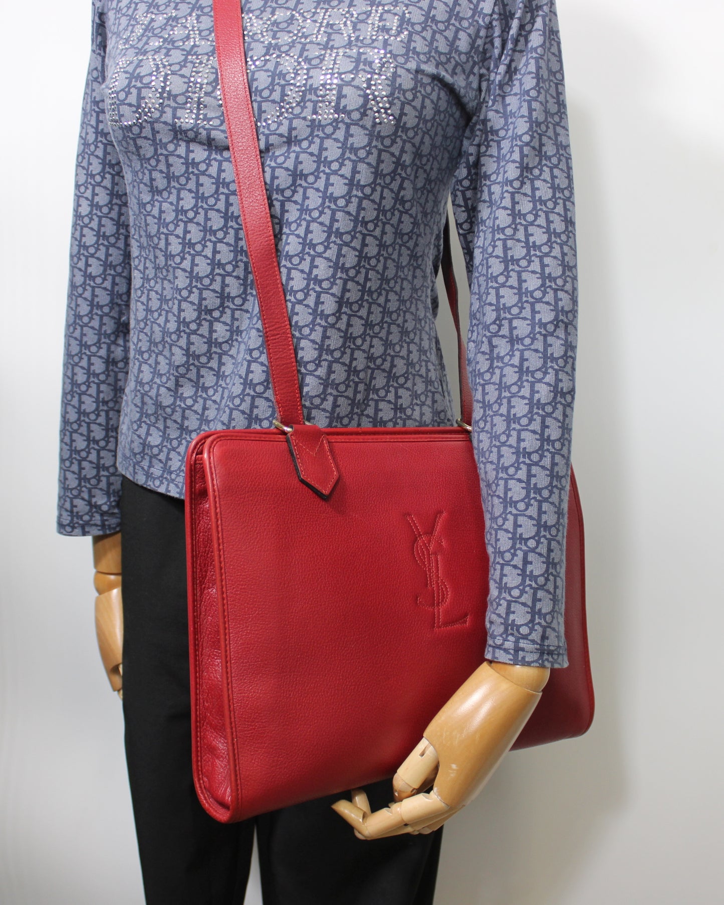 Yves Saint Laurent Red Leather Embossed Logo Shoulder Bag