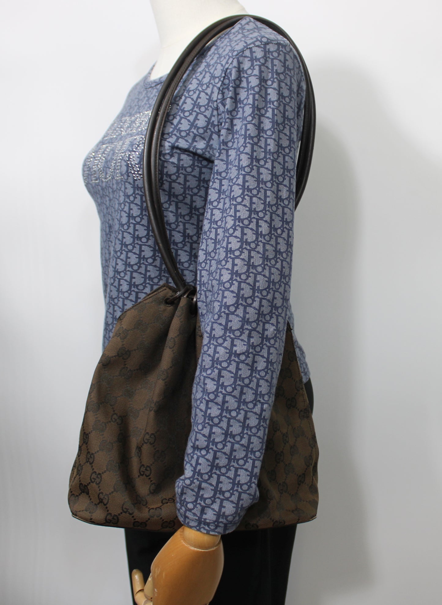 Gucci Brown Canvas Monogram Leather Hobo Bag