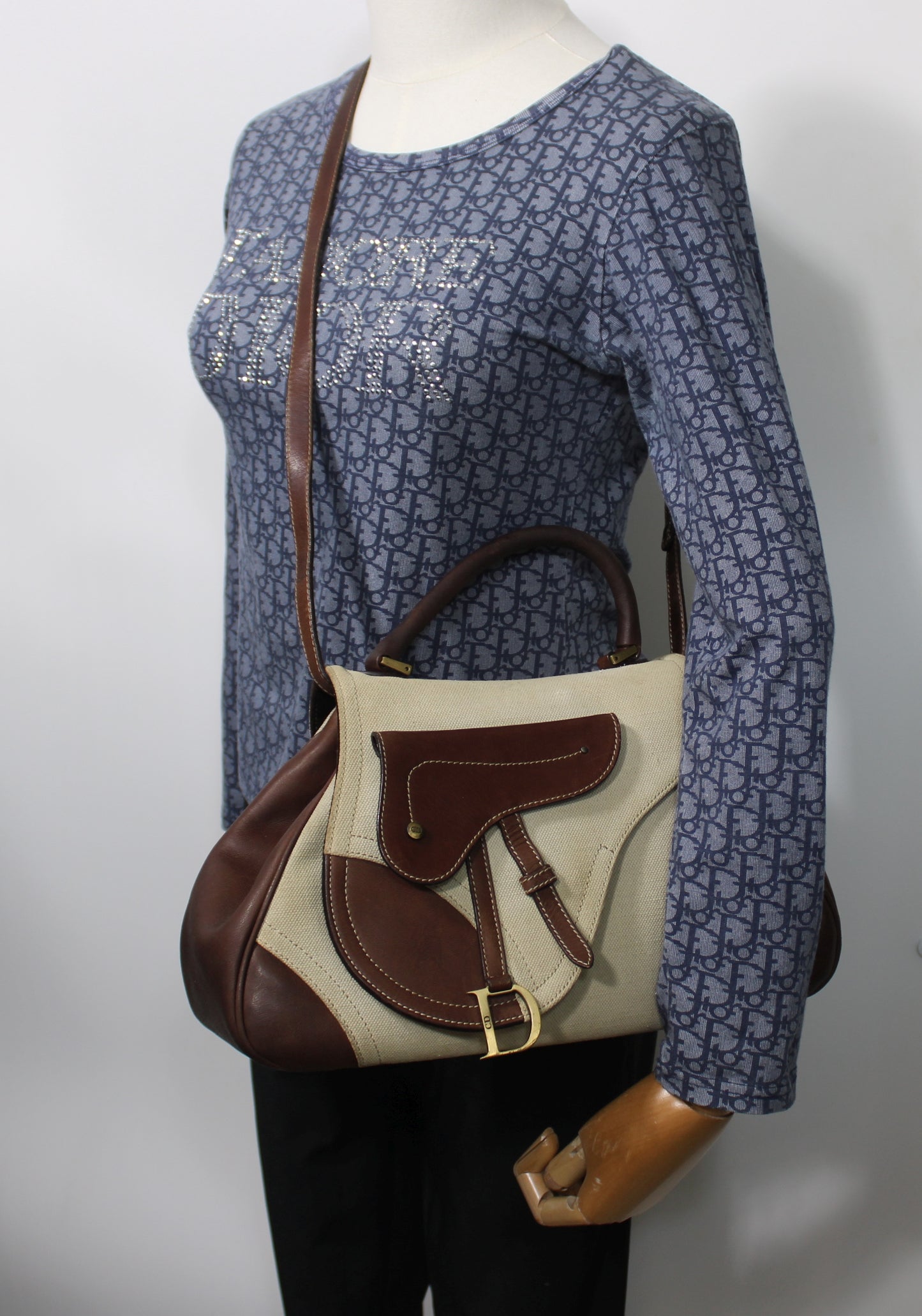 Christian Dior Beige Brown Canvas Leather Double Saddle Bag