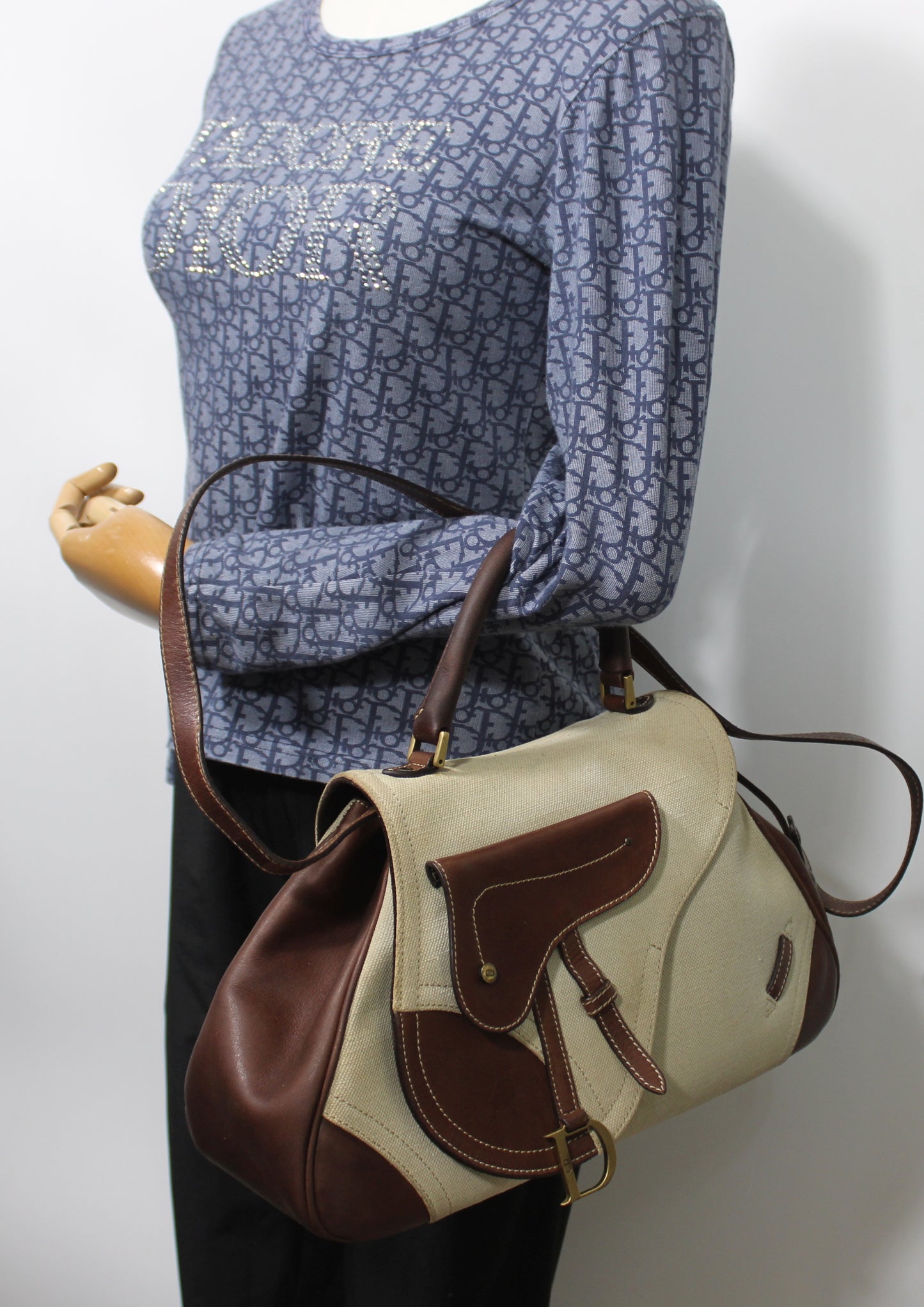 Christian Dior Beige Brown Canvas Leather Double Saddle Bag