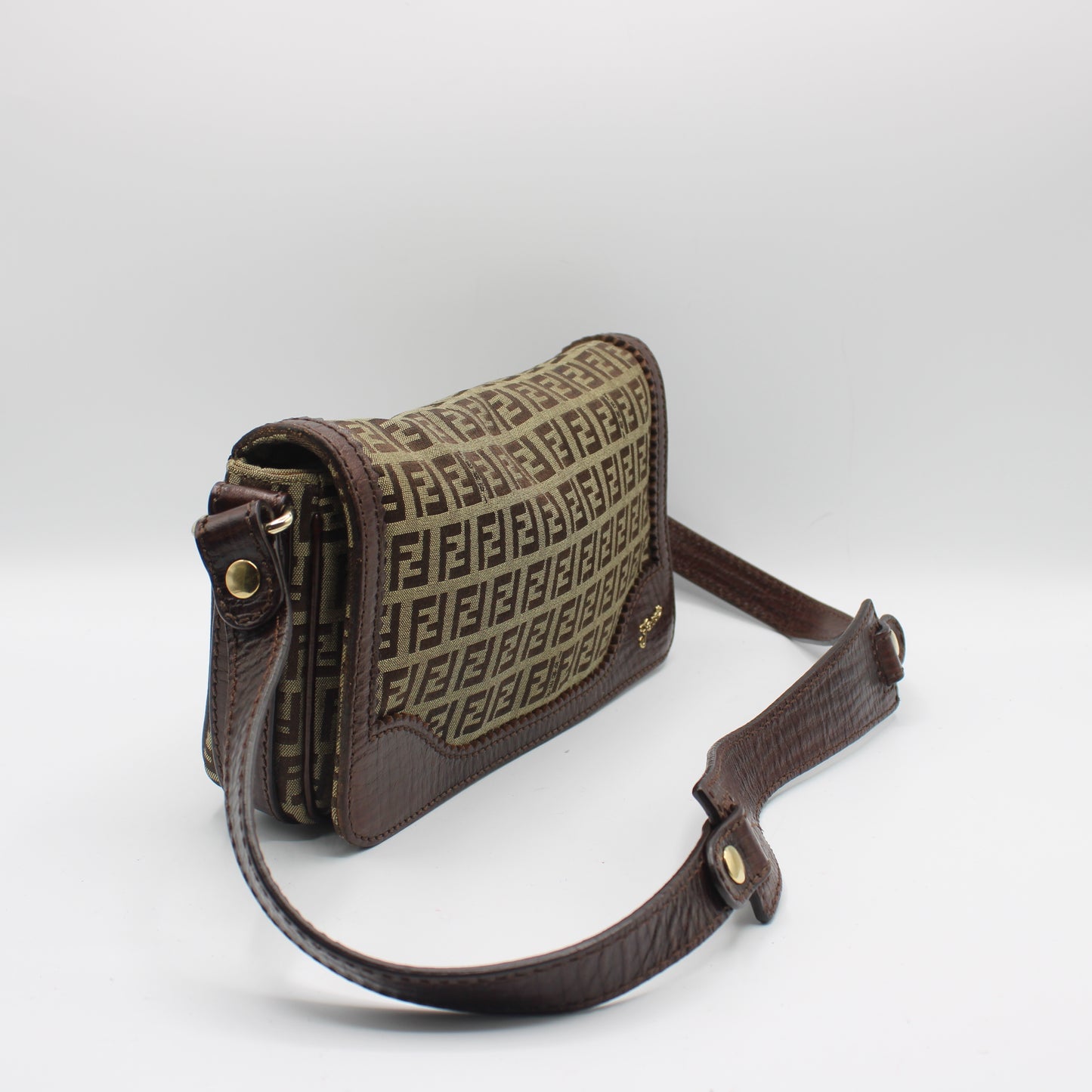 Fendi Brown Zucchino Canvas Leather Trim Shoulder Flap Bag