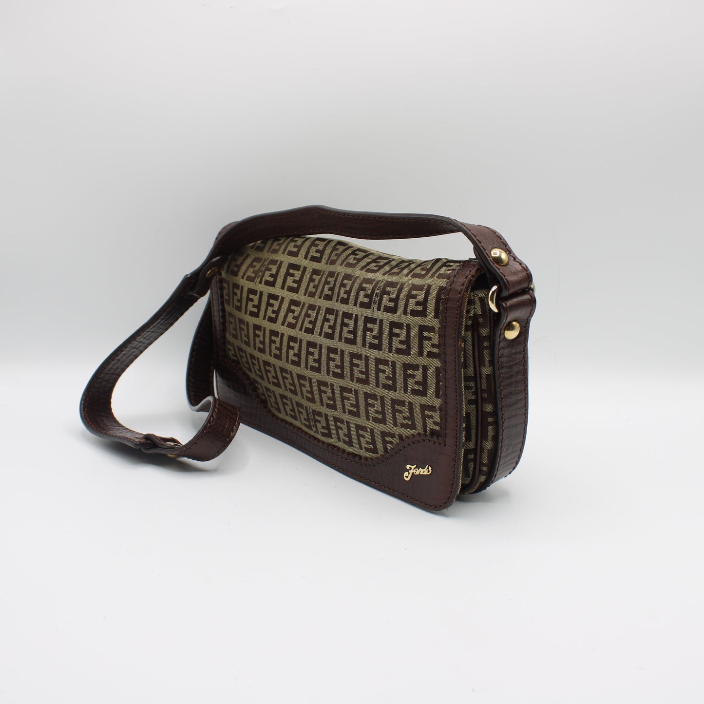 Fendi Brown Zucchino Canvas Leather Trim Shoulder Flap Bag