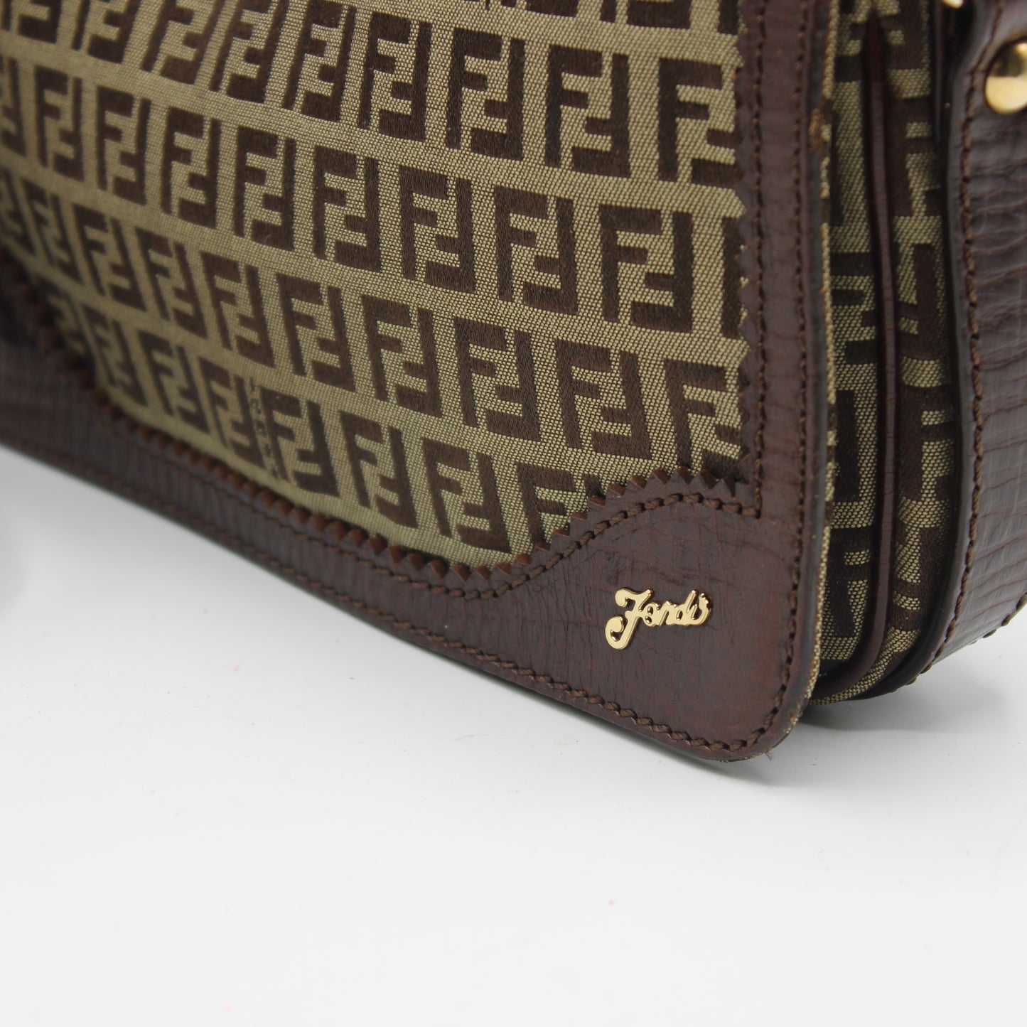 Fendi Brown Zucchino Canvas Leather Trim Shoulder Flap Bag