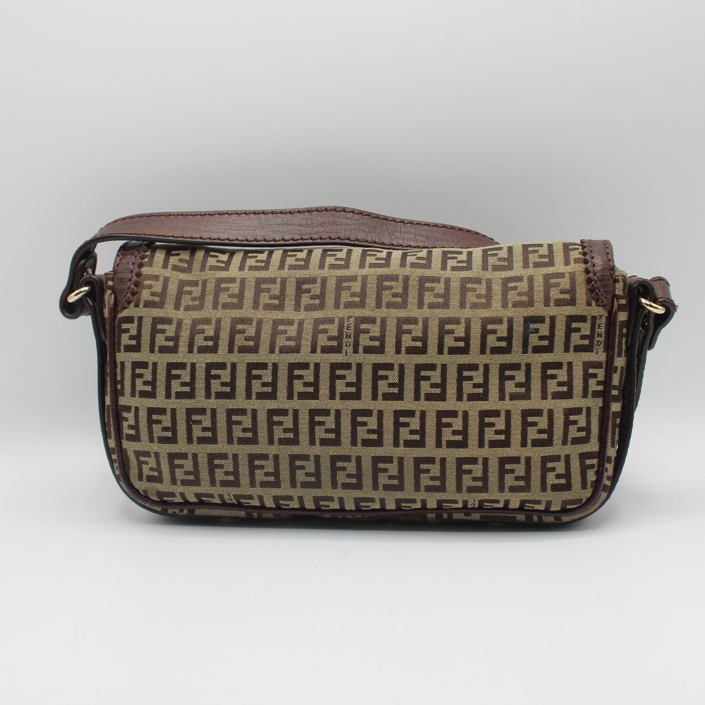Fendi Brown Zucchino Canvas Leather Trim Shoulder Flap Bag