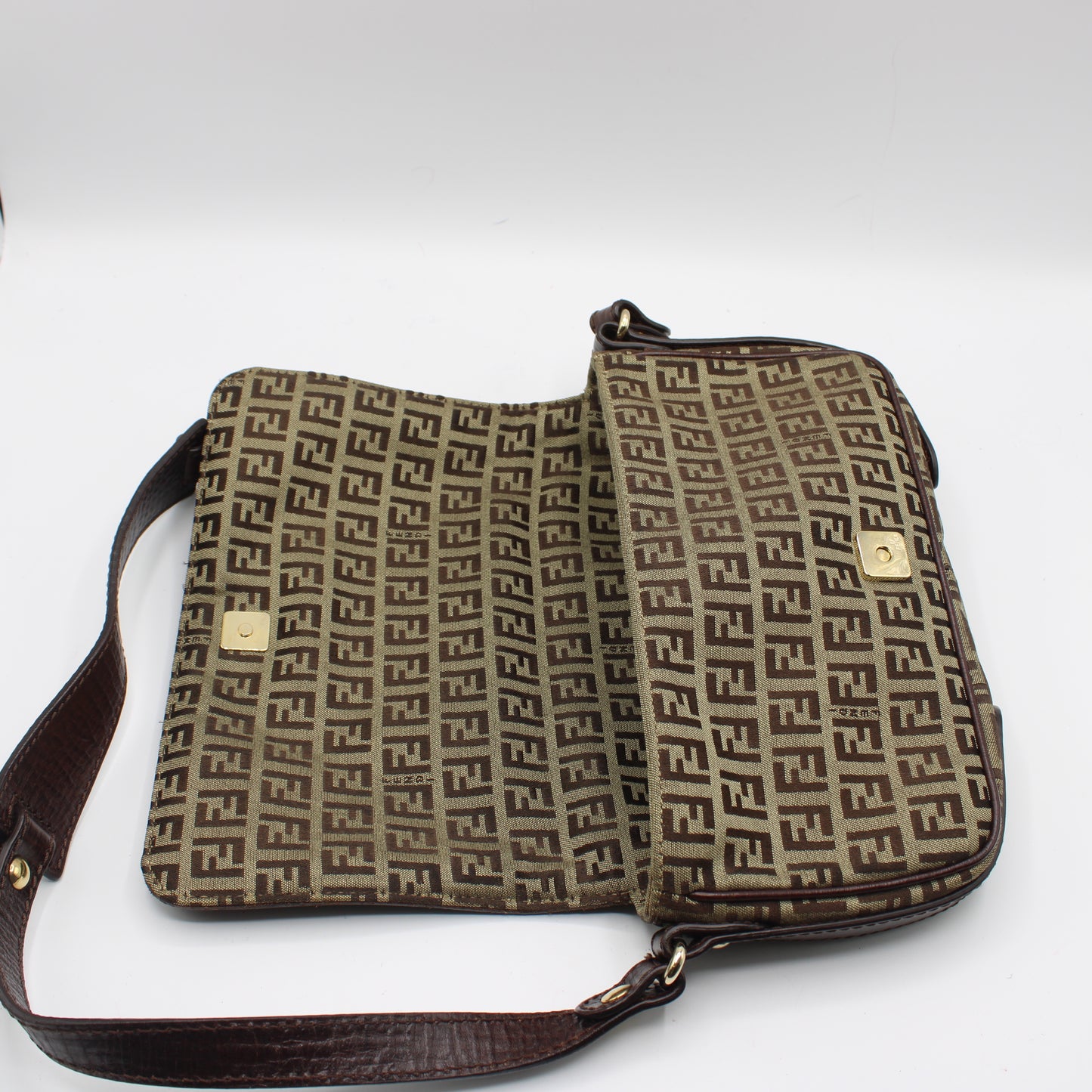 Fendi Brown Zucchino Canvas Leather Trim Shoulder Flap Bag