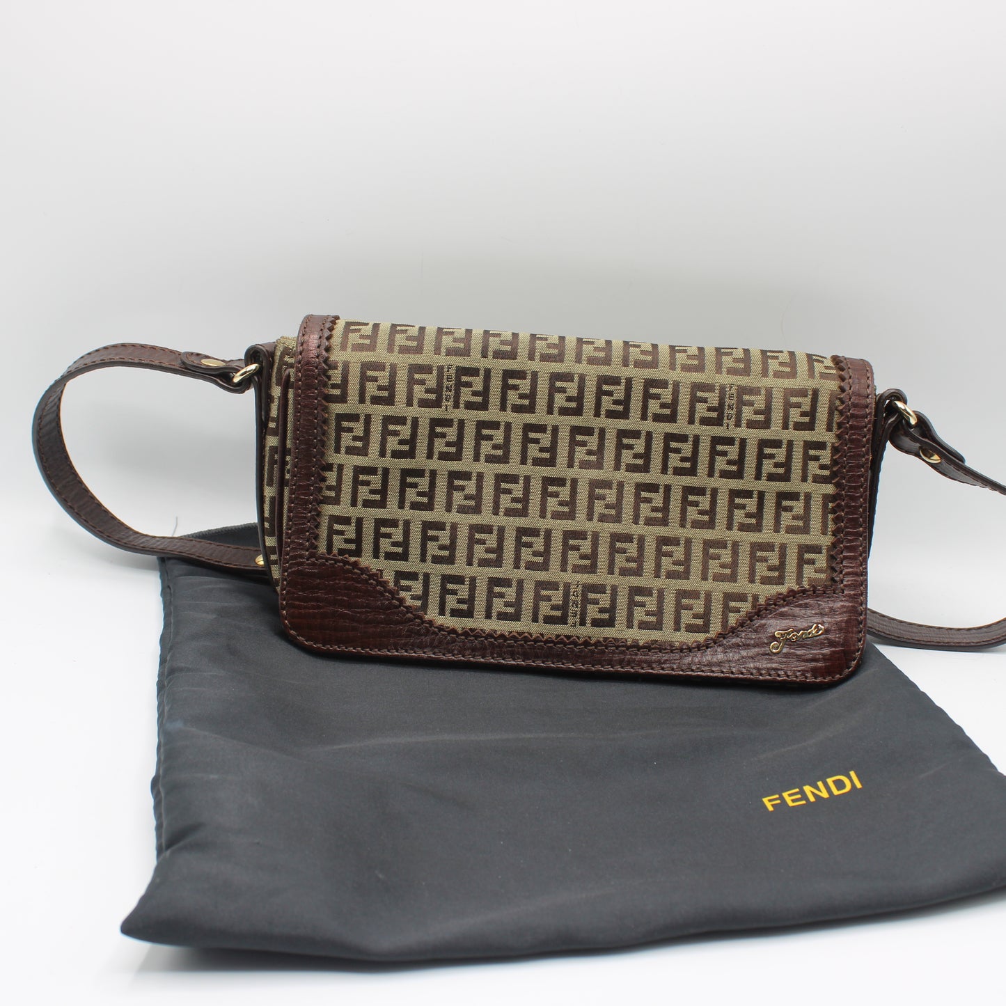 Fendi Brown Zucchino Canvas Leather Trim Shoulder Flap Bag