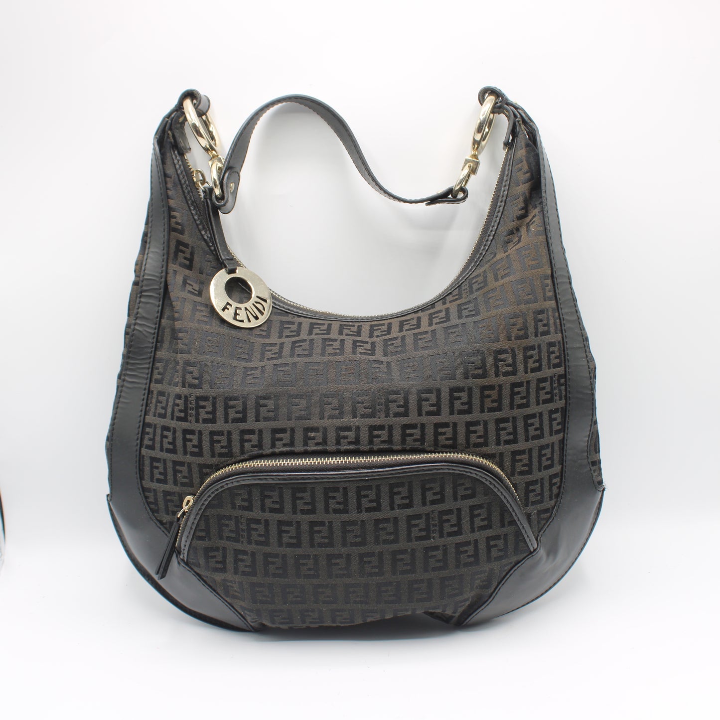 Fendi Black Zucca Canvas Leather Trim Hobo Bag With Charm