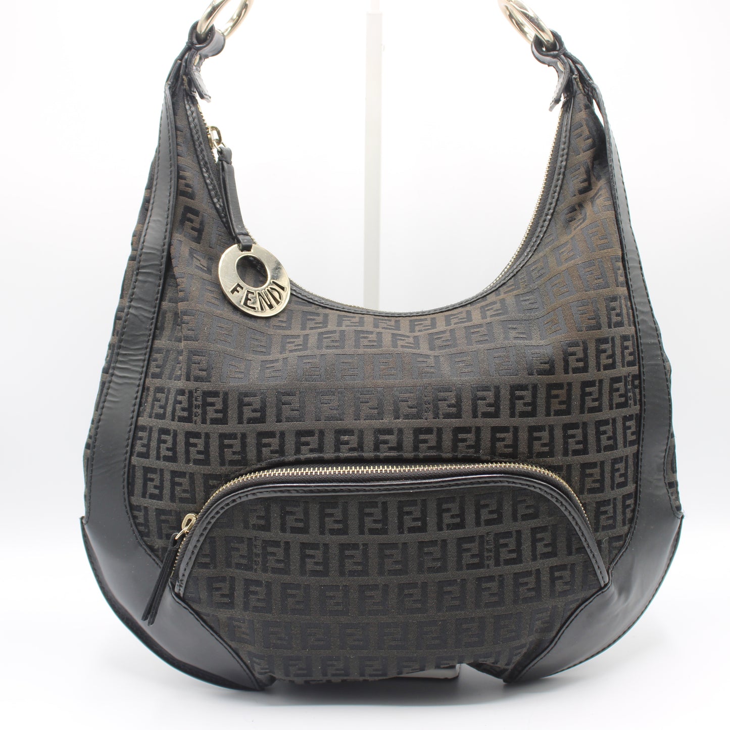 Fendi Black Zucca Canvas Leather Trim Hobo Bag With Charm