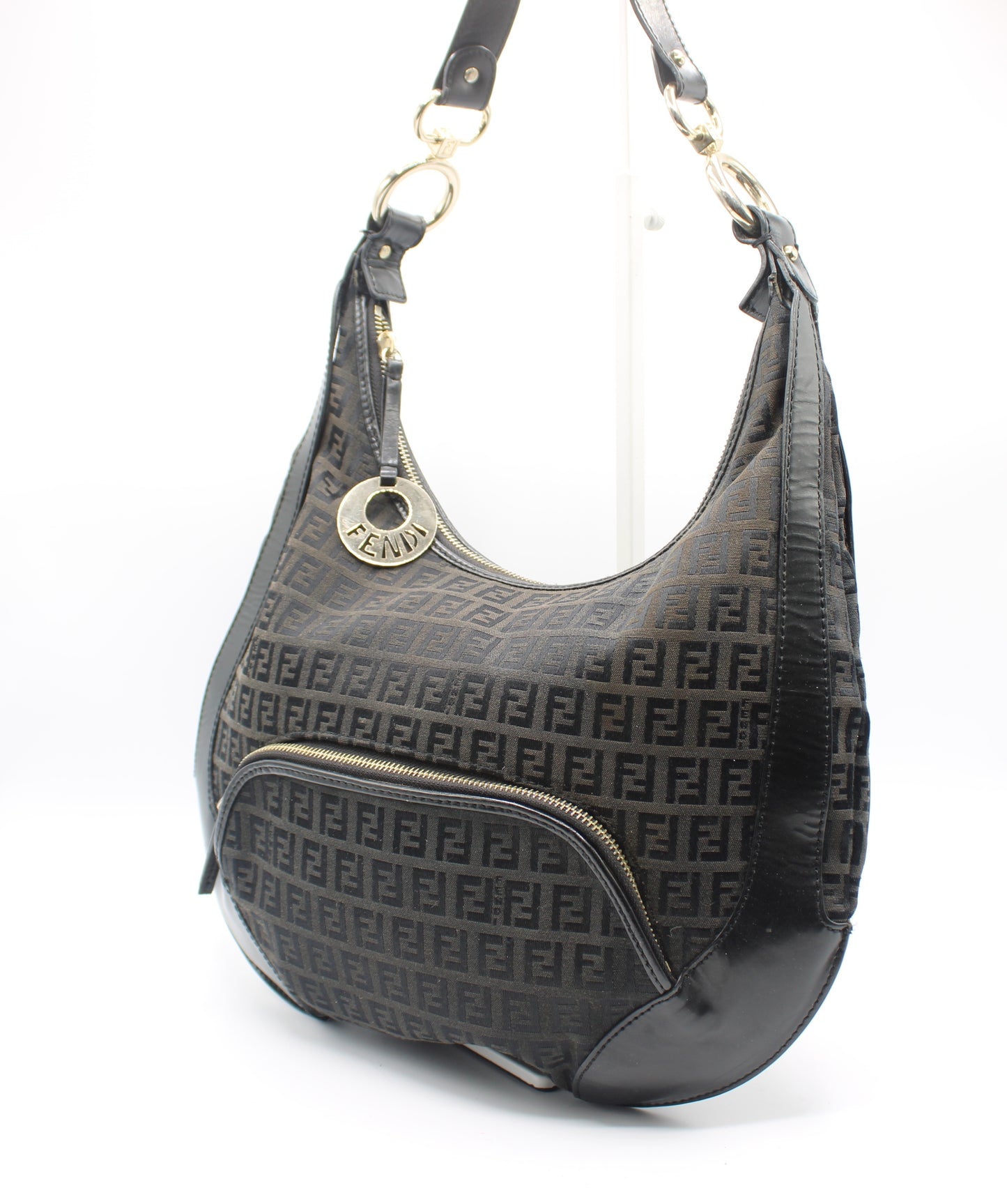 Fendi Black Zucca Canvas Leather Trim Hobo Bag With Charm