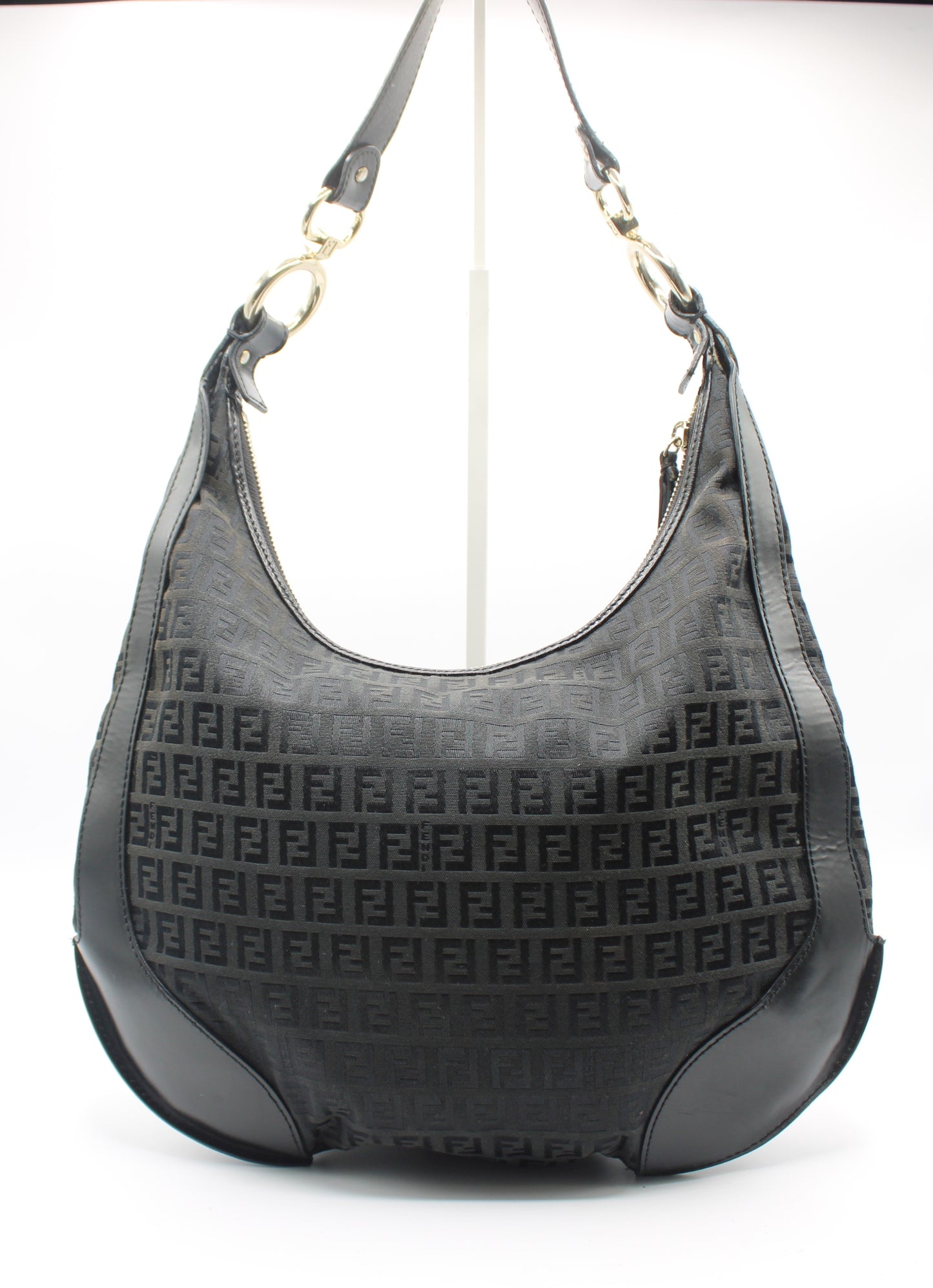 Fendi Black Zucca Canvas Leather Trim Hobo Bag With Charm