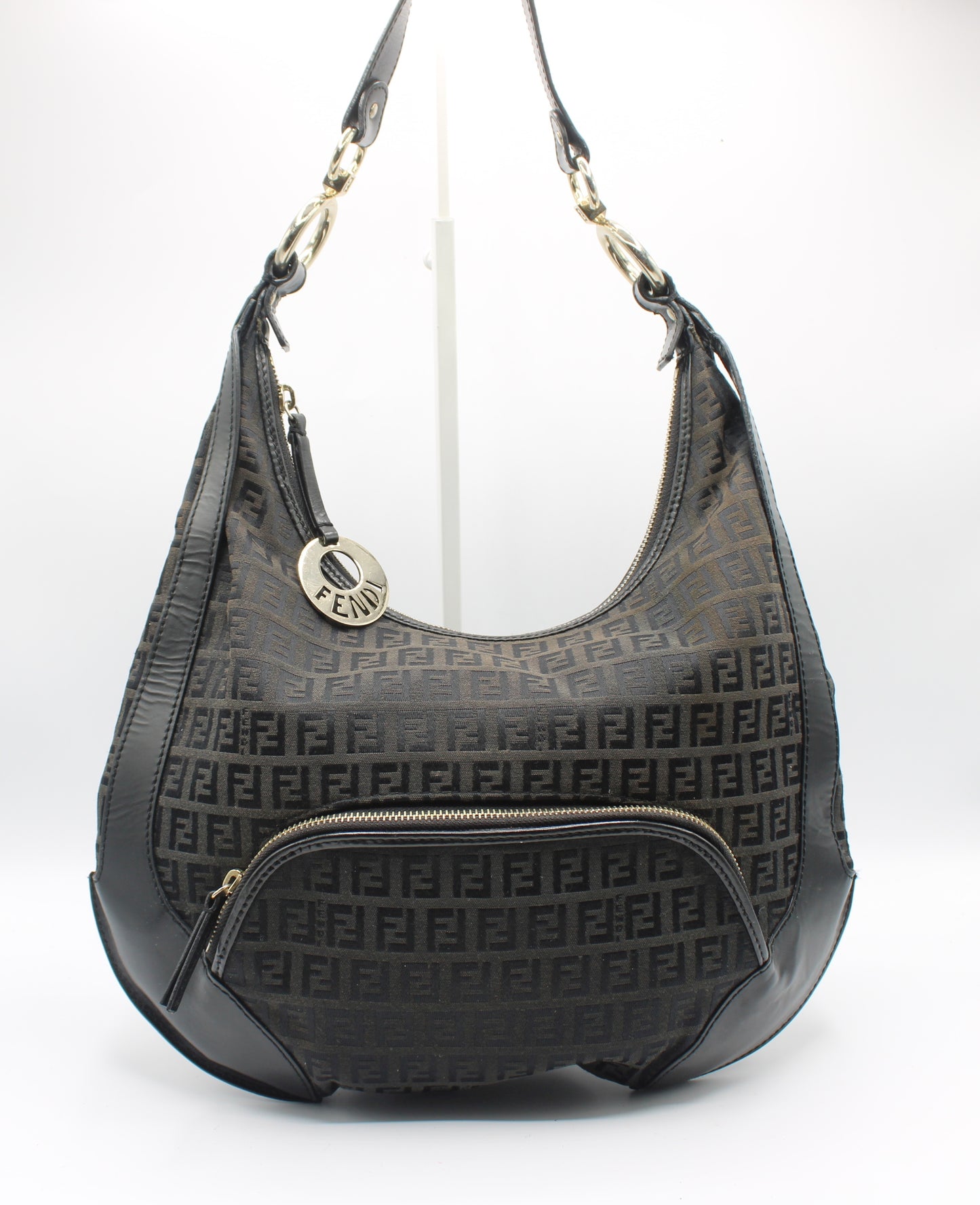 Fendi Black Zucca Canvas Leather Trim Hobo Bag With Charm
