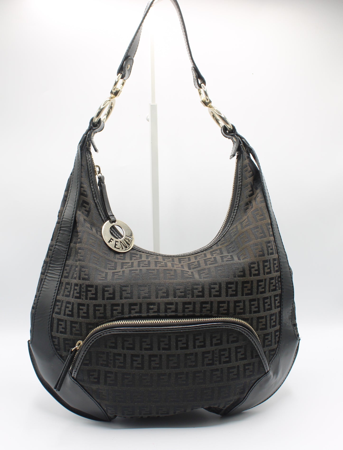 Fendi Black Zucca Canvas Leather Trim Hobo Bag With Charm