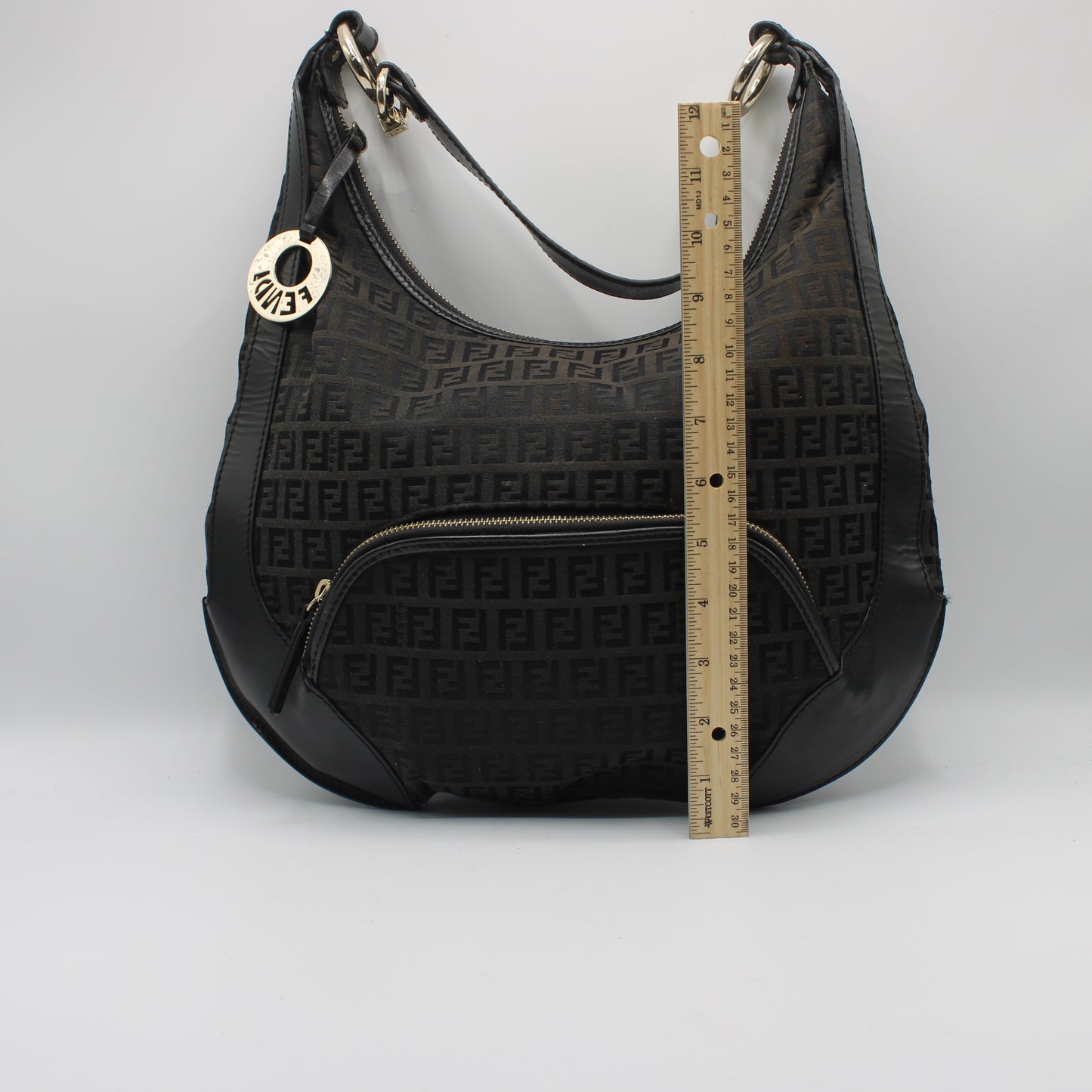 Fendi Black Zucca Canvas Leather Trim Hobo Bag With Charm