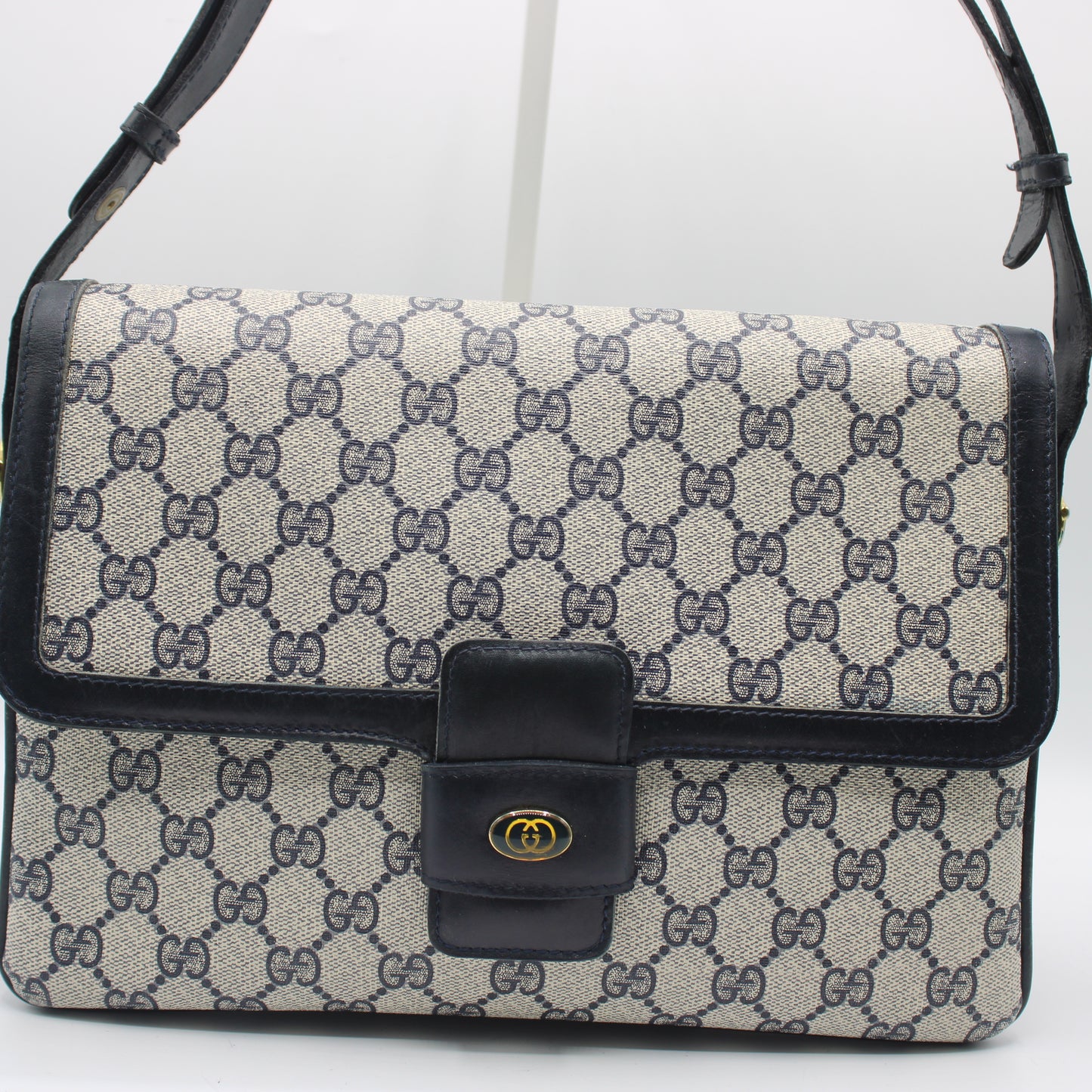 Gucci Navy GG Canvas Leather Flap Shoulder Bag