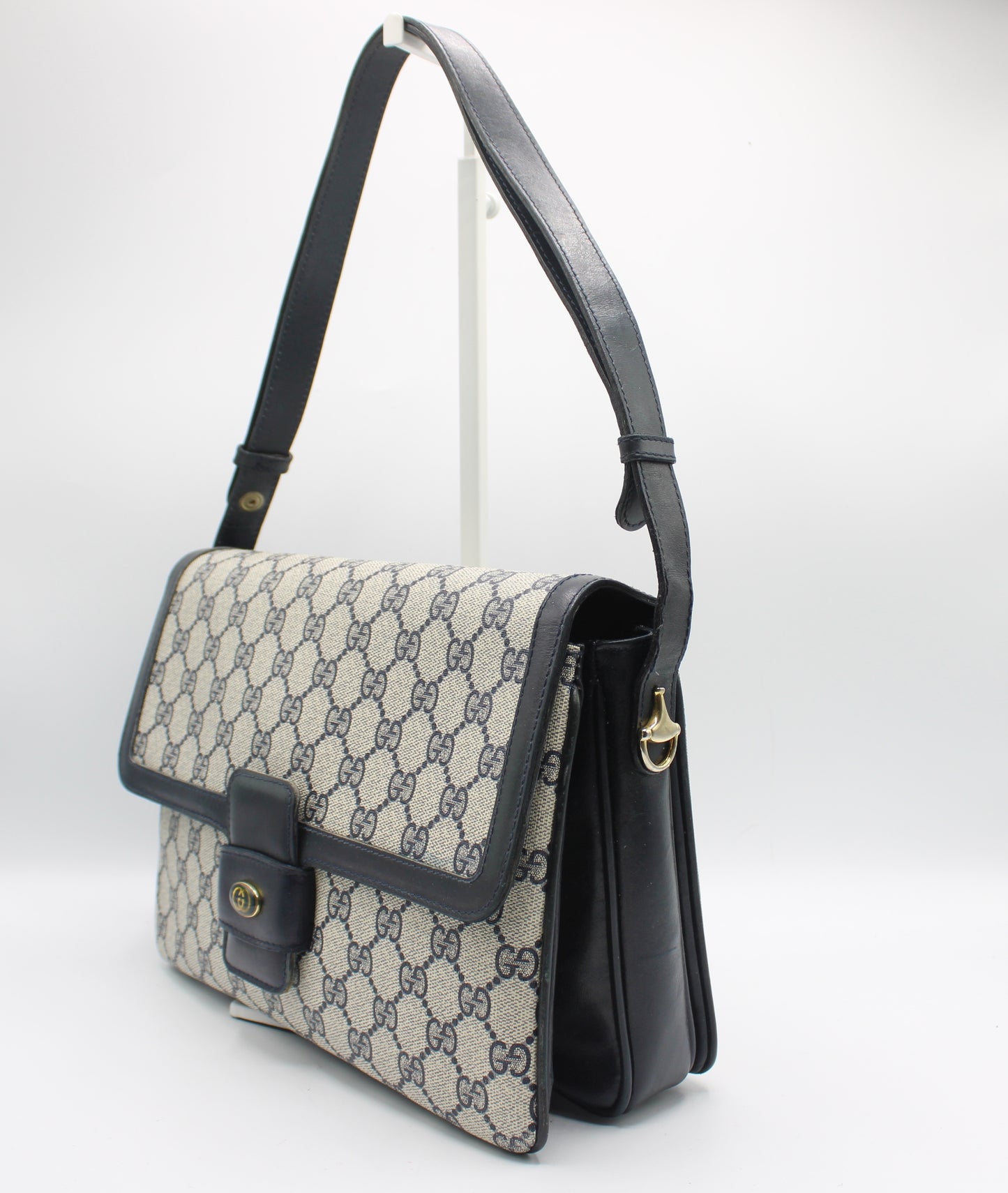 Gucci Navy GG Canvas Leather Flap Shoulder Bag