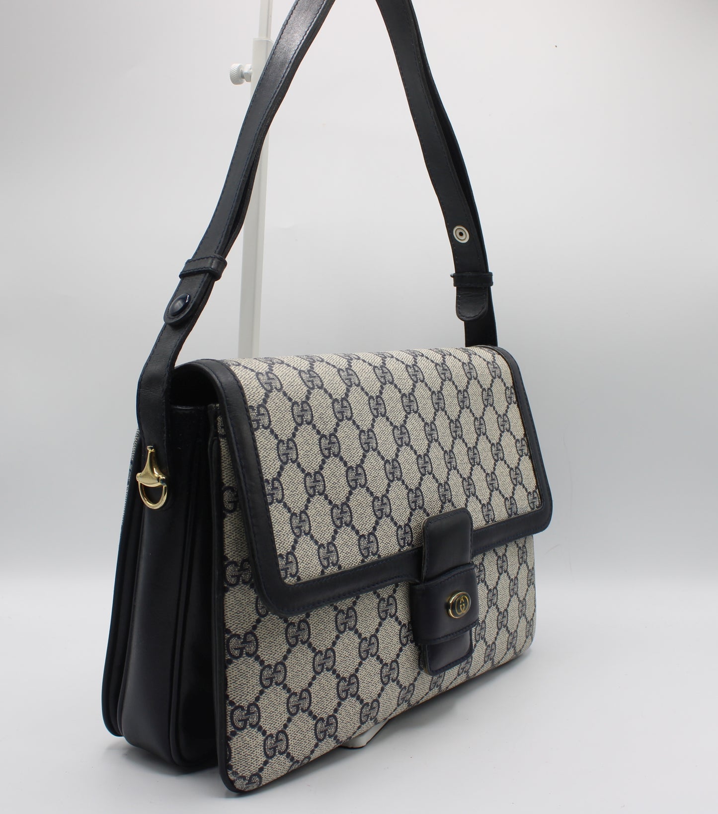 Gucci Navy GG Canvas Leather Flap Shoulder Bag