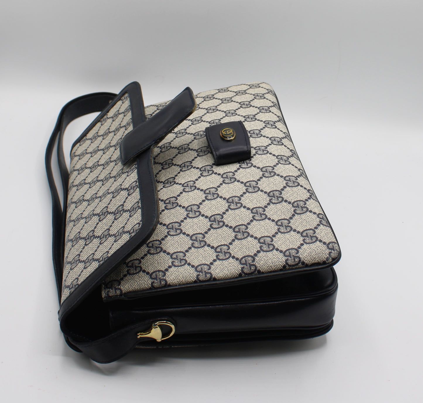 Gucci Navy GG Canvas Leather Flap Shoulder Bag