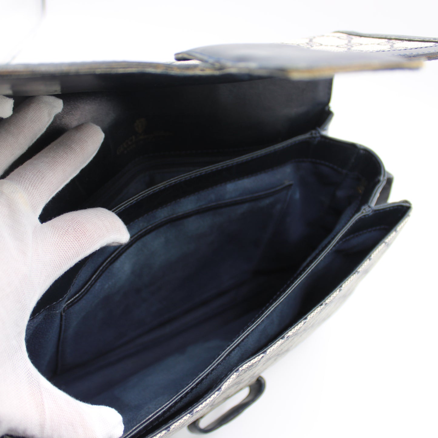 Gucci Navy GG Canvas Leather Flap Shoulder Bag