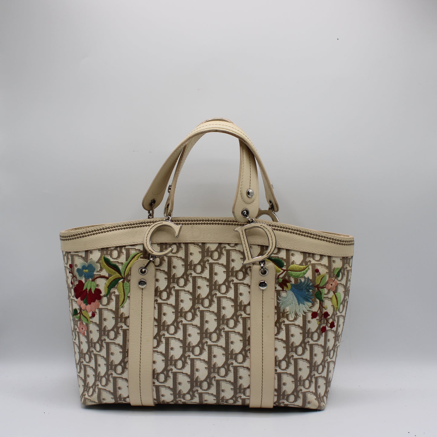 Christian Dior Beige Canvas Embroidered Oblique Floral Tote Bag