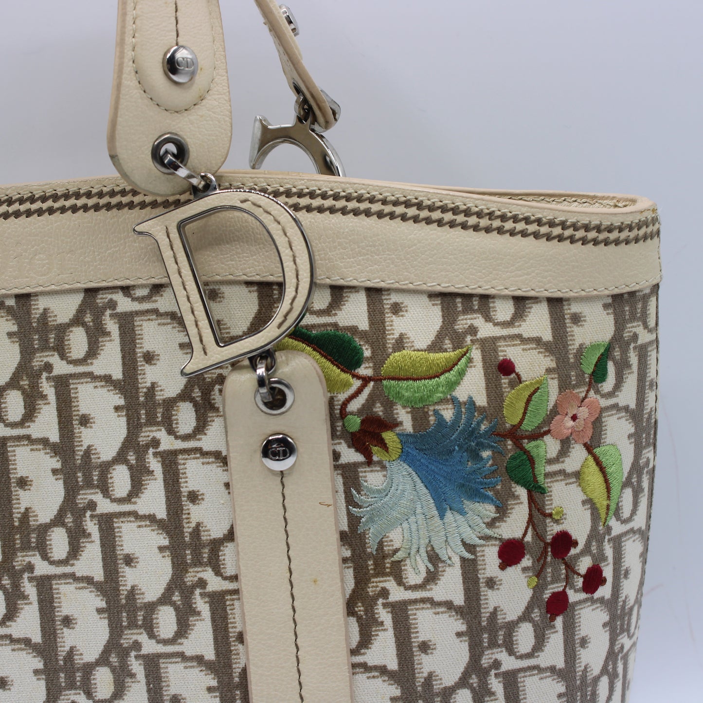 Christian Dior Beige Canvas Embroidered Oblique Floral Tote Bag