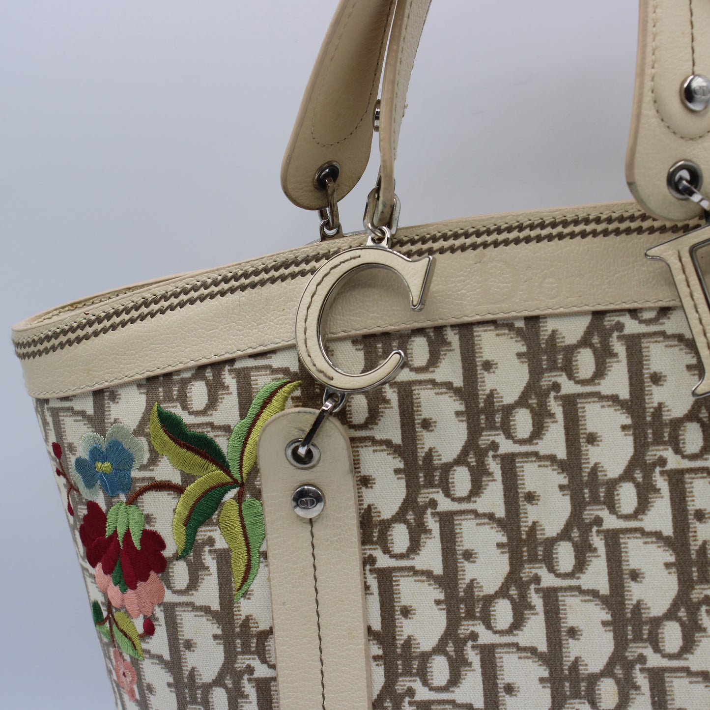 Christian Dior Beige Canvas Embroidered Oblique Floral Tote Bag