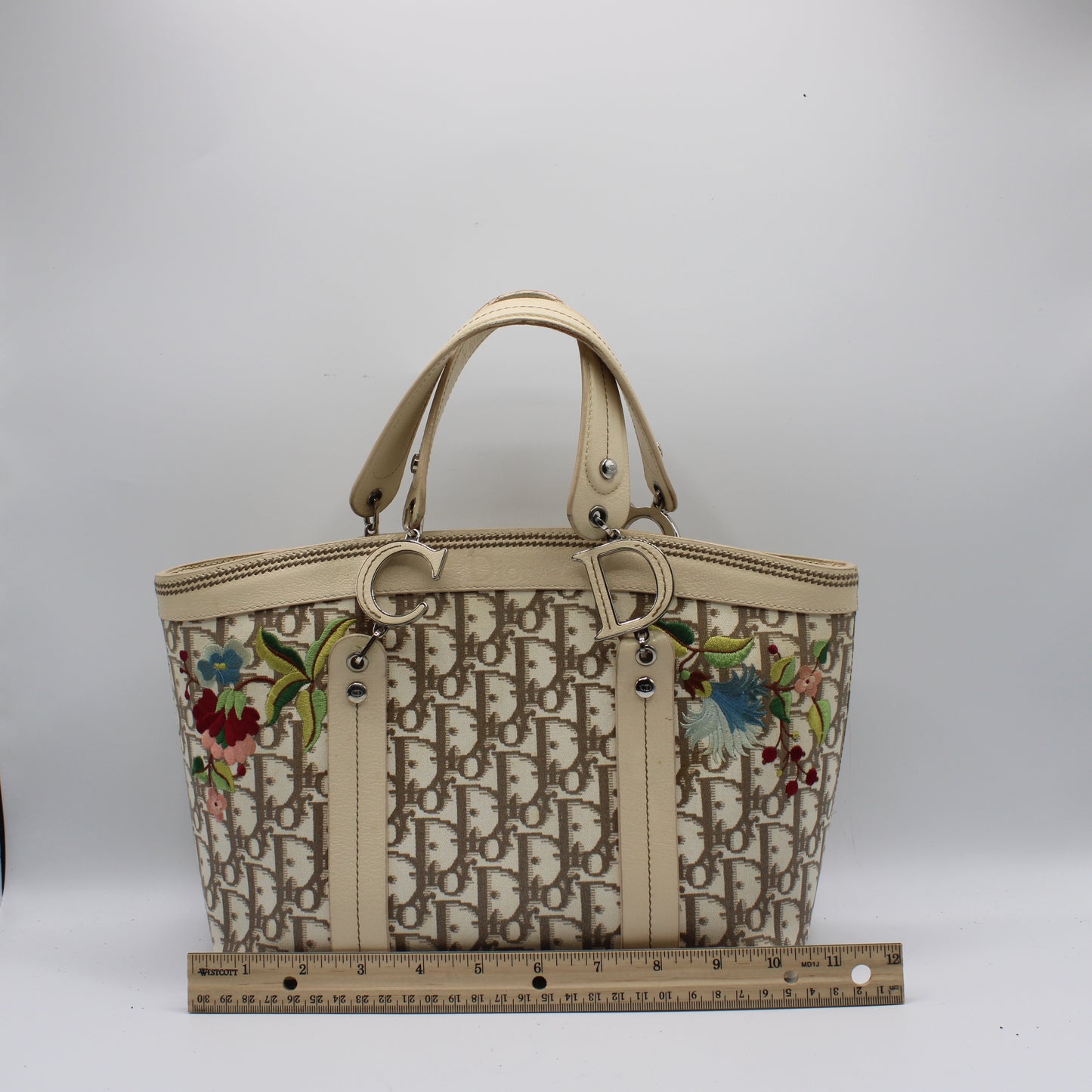 Christian Dior Beige Canvas Embroidered Oblique Floral Tote Bag