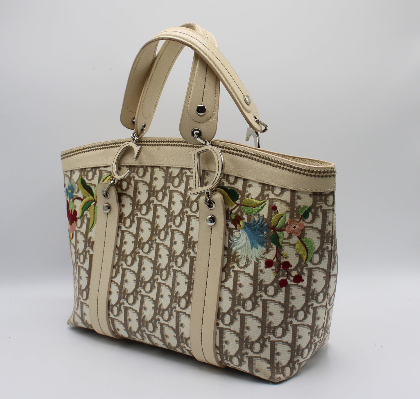 Christian Dior Beige Canvas Embroidered Oblique Floral Tote Bag