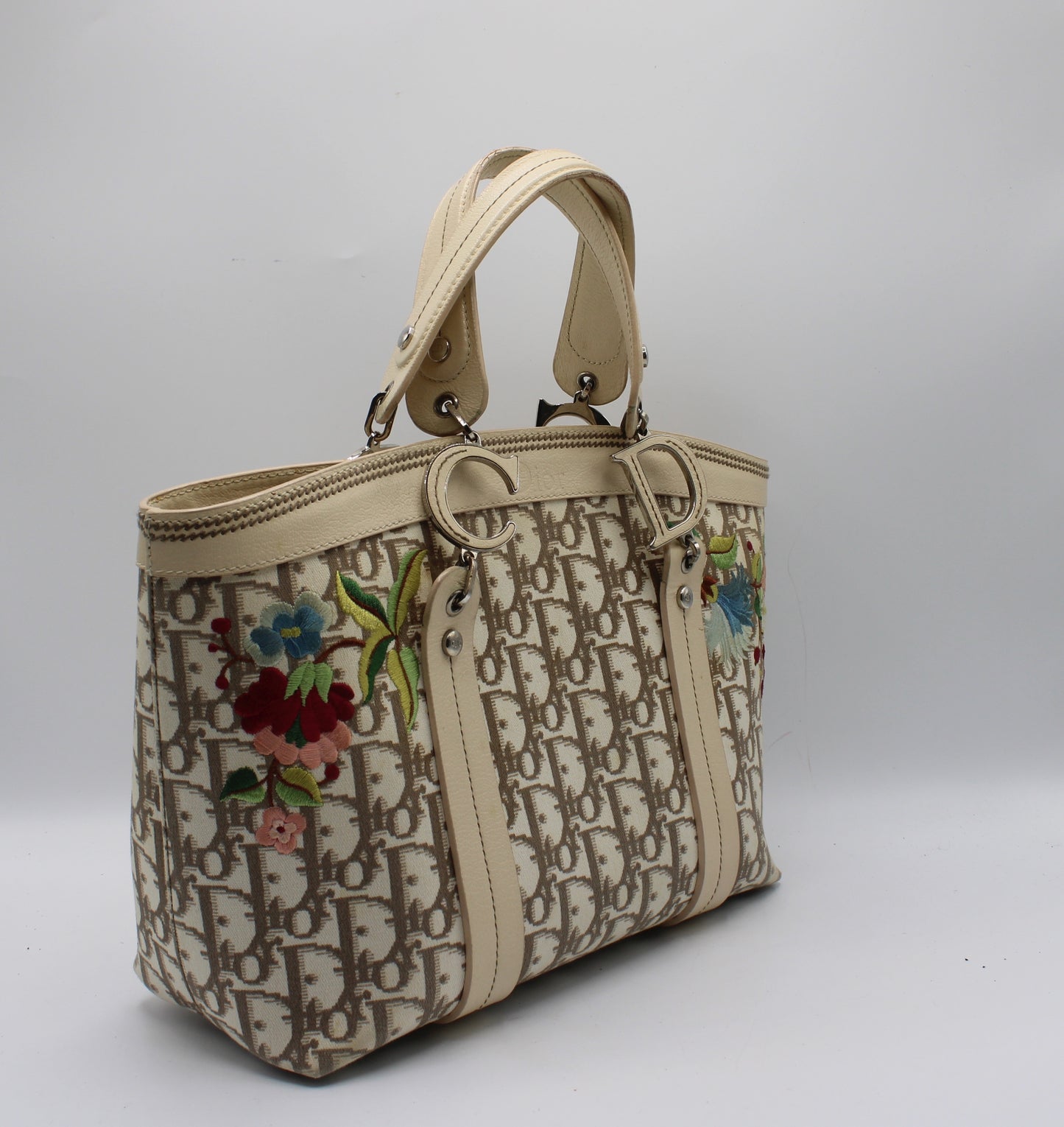Christian Dior Beige Canvas Embroidered Oblique Floral Tote Bag