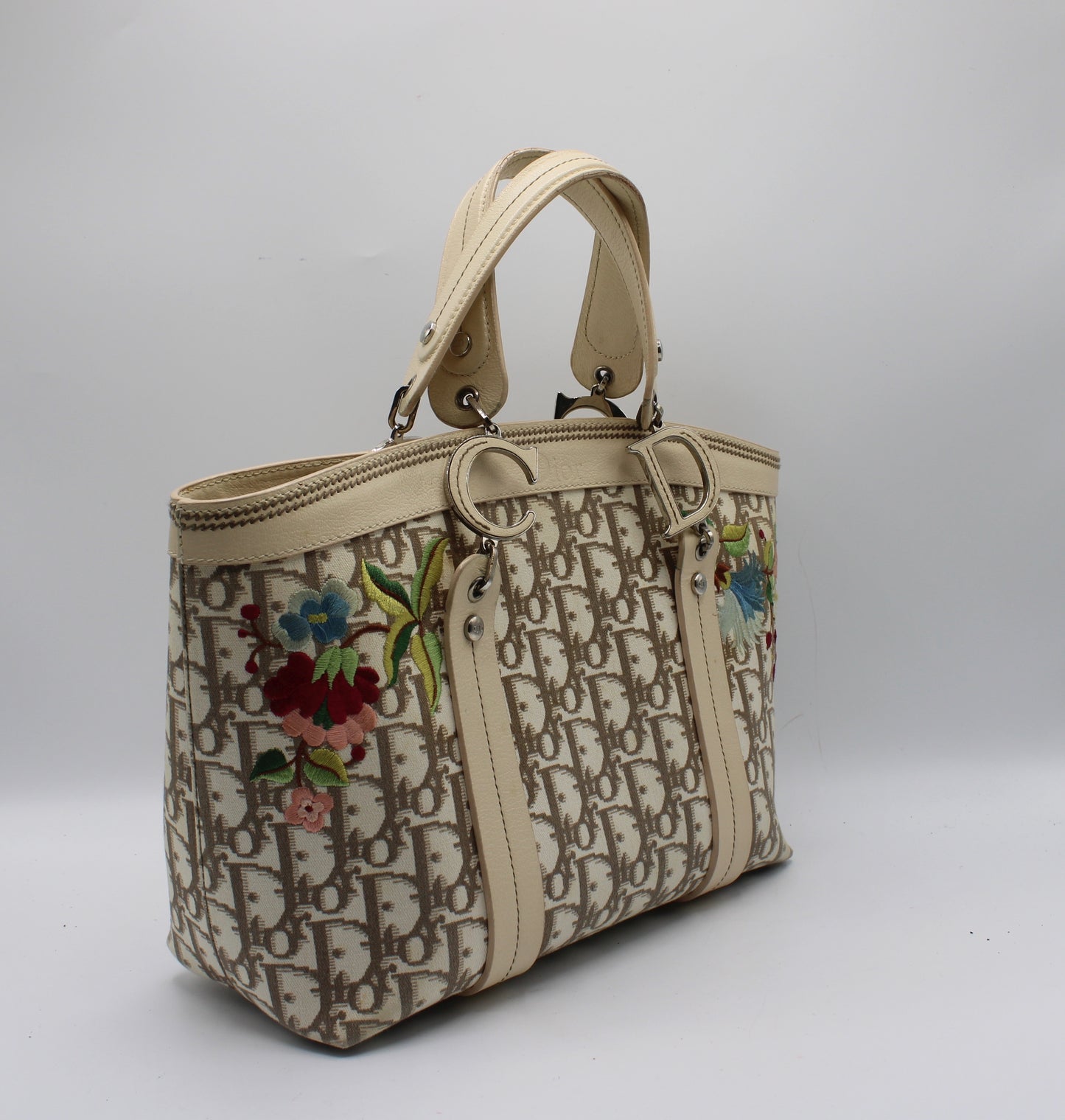 Christian Dior Beige Canvas Embroidered Oblique Floral Tote Bag