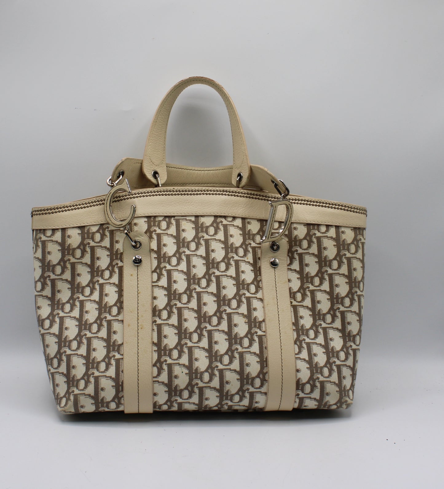 Christian Dior Beige Canvas Embroidered Oblique Floral Tote Bag